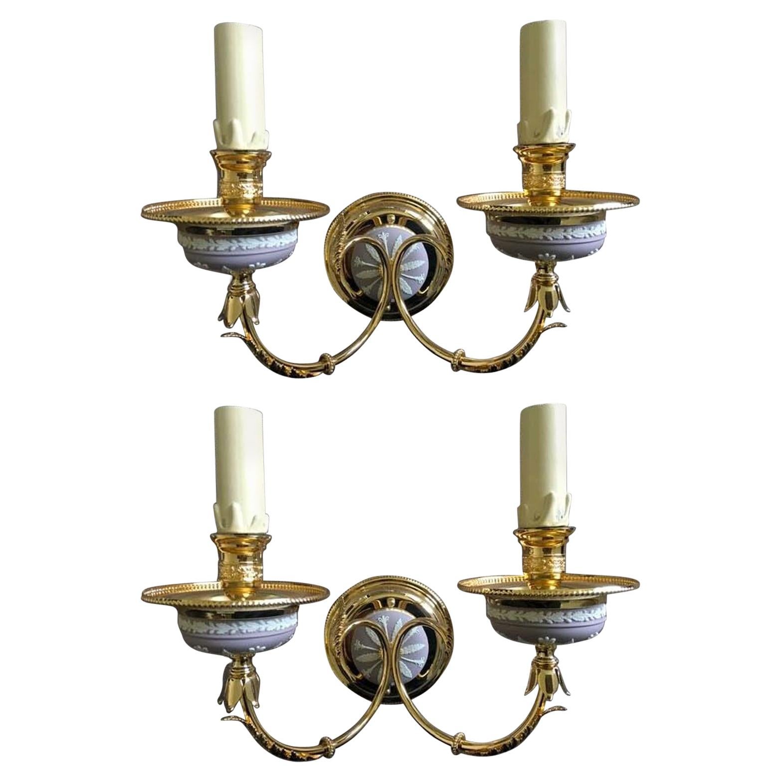 Italy 1970 Pair Post-Modern Brass Porcelain Wall Lights For Sale