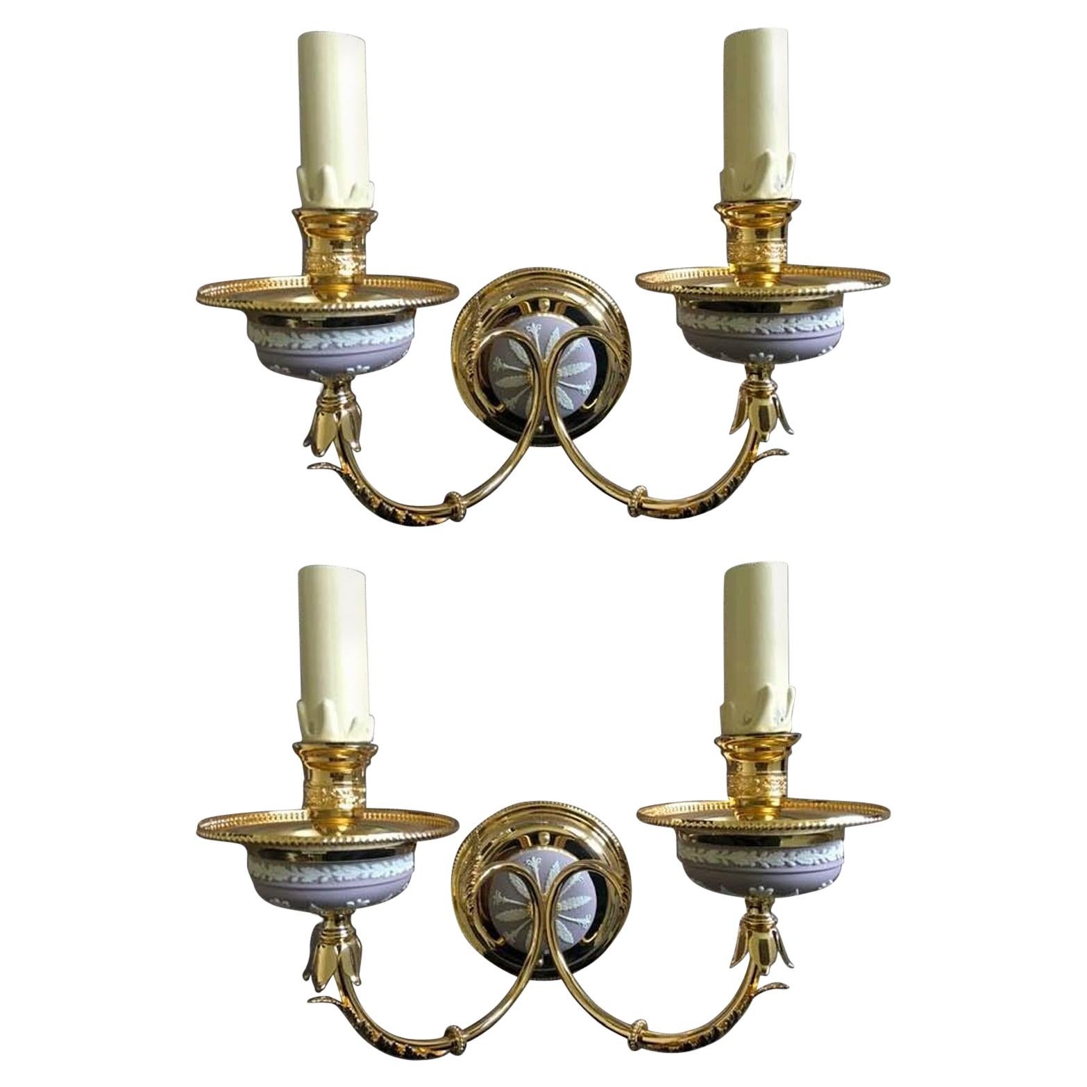 Italy 1970 Pair Post-Modern Brass Porcelain Wall Lights