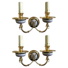 Vintage Italy 1970 Pair Post-Modern Brass Porcelain Wall Lights