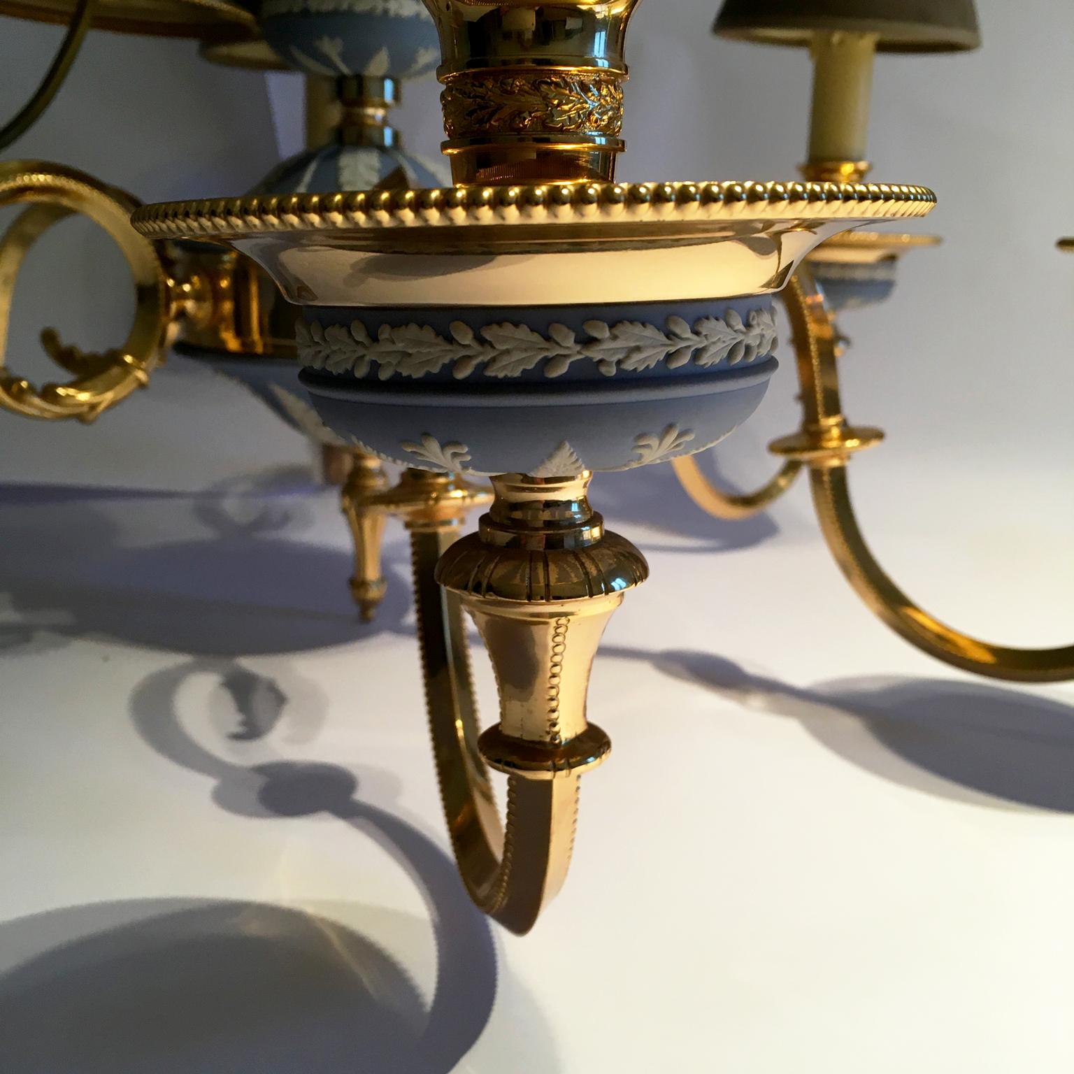 Italy 1970 Post-Modern Sky Blue Porcelain Brass Chandelier 6 Lights 10