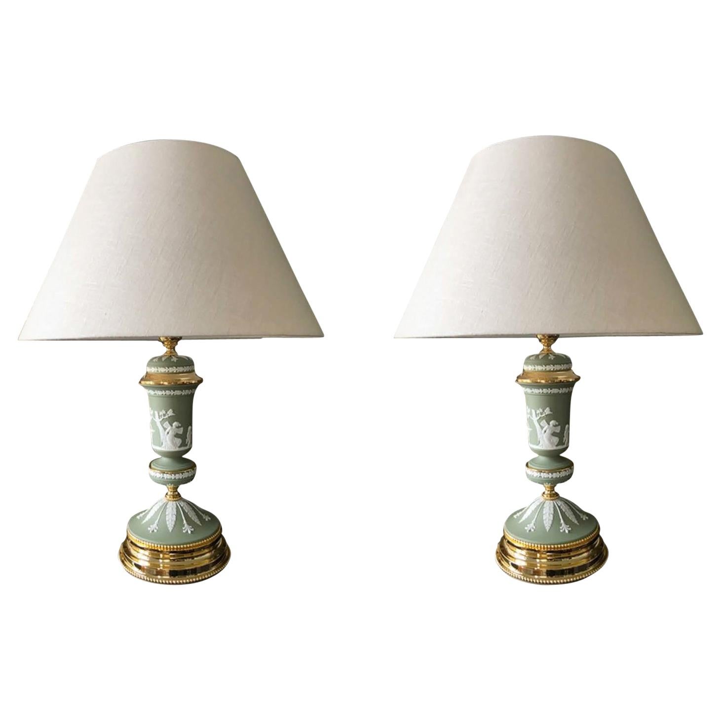 Italy 1970 Post-Modern Pair Brass Sevres Ceramic Table Lamp Regency Style