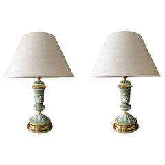 Retro Italy 1970 Post-Modern Pair Brass Sevres Ceramic Table Lamp Regency Style