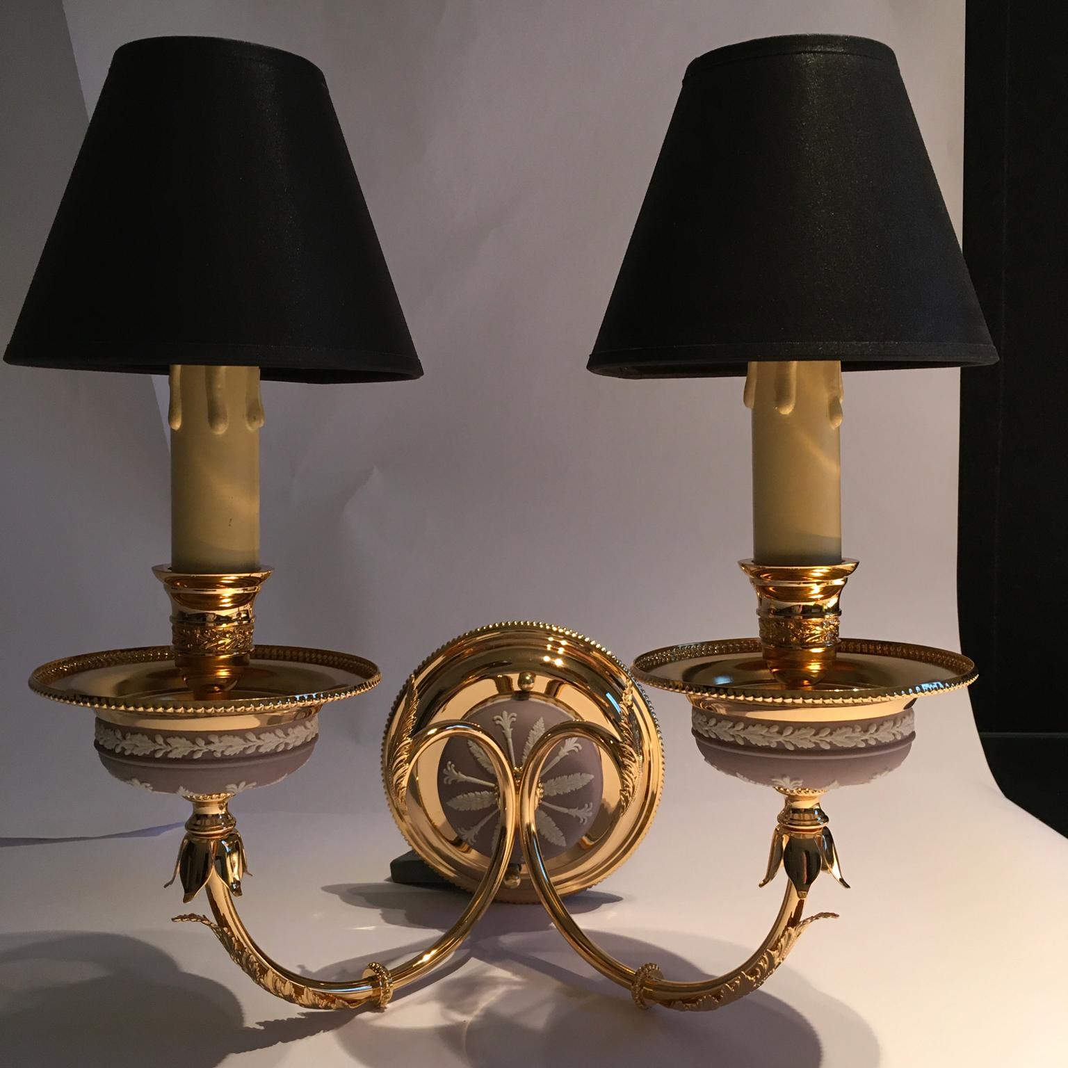 Empire Italy 1970 Post-Modern Pair Brass and Porcelain Wall Lights For Sale