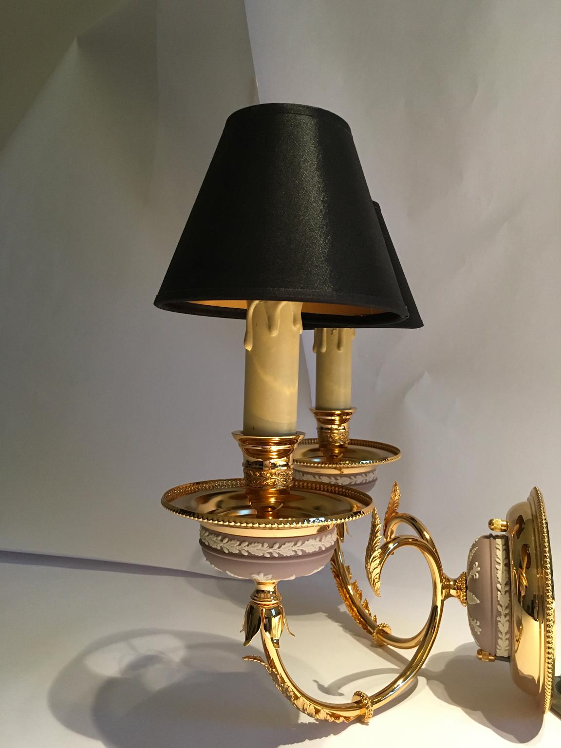 Late 20th Century Italy 1970 Post-Modern Pair Brass and Porcelain Wall Lights For Sale