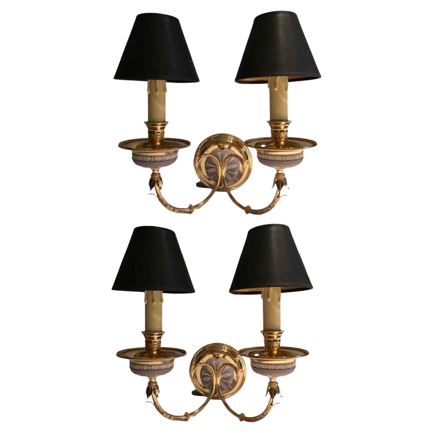 Italy 1970 Post-Modern Pair Brass and Porcelain Wall Lights