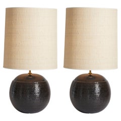 Italy 1970's Black Pottery Pair of Lamps with Custom Shades