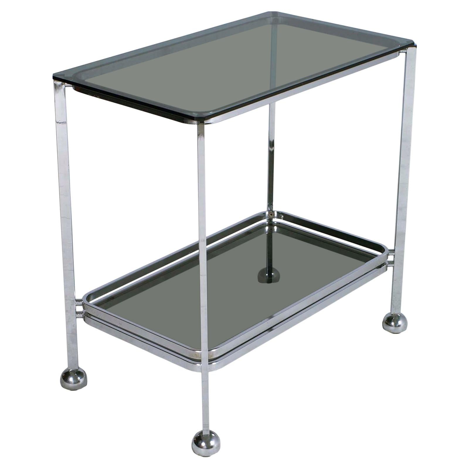 Italy 1970s Minimalist Chrome Steel and Fumè Tempered Glass Trolley Bar Cart For Sale