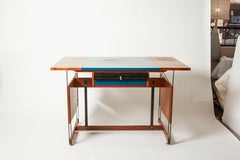 Italy 1970's Unique Walnut & Laminate Desk & Chair with Black Metal Accents