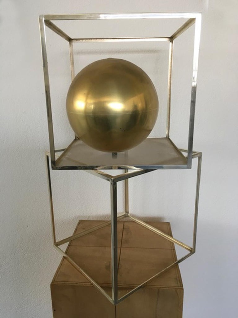 Hand-Crafted Italy 1980 Abstract Sculpture Sphere in Brass Natural Wood and Metal Chrome For Sale