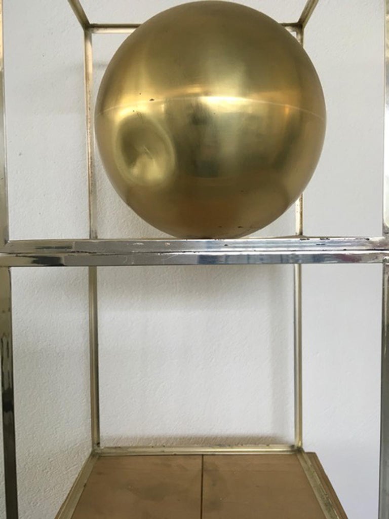 20th Century Italy 1980 Abstract Sculpture Sphere in Brass Natural Wood and Metal Chrome For Sale