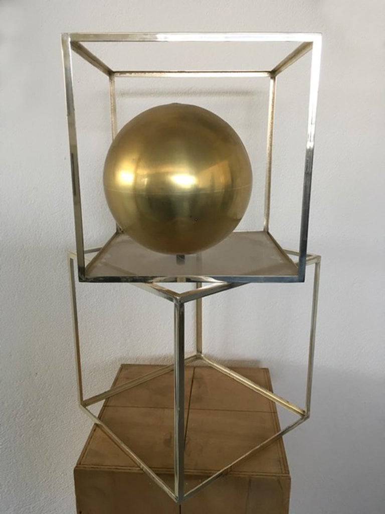 Italy 1980 Abstract Sculpture Sphere in Brass Natural Wood and Metal Chrome For Sale 1