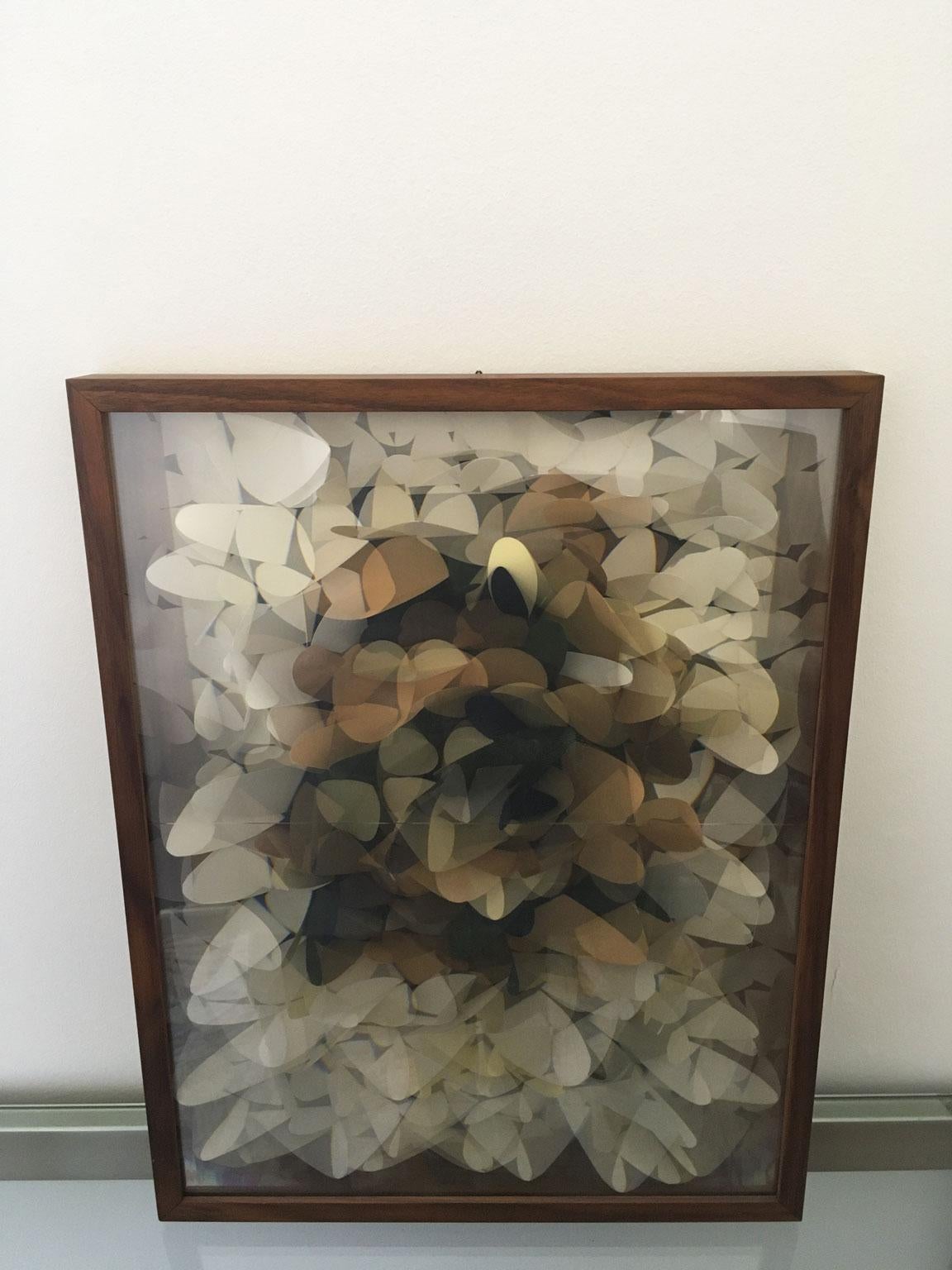 This artwork is a magical paper flowers assemblage, in a wood box framed, under a lenticular lense, inside a wooden box.
The unexpected view is a 3D effect. It was created by the Italian artist Maurizio Donzelli.
The Maurizio Donzelli 