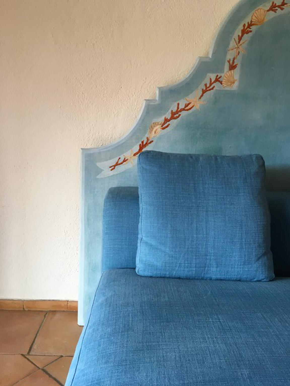 This beautiful hand painted in blue and red coral bed frame, is an Italian contemporary production in Modern Style, after Gabriella Crespi, a famous Italian interior designer of 1960'. Her style was symbol of elegance and creativity.

The piece