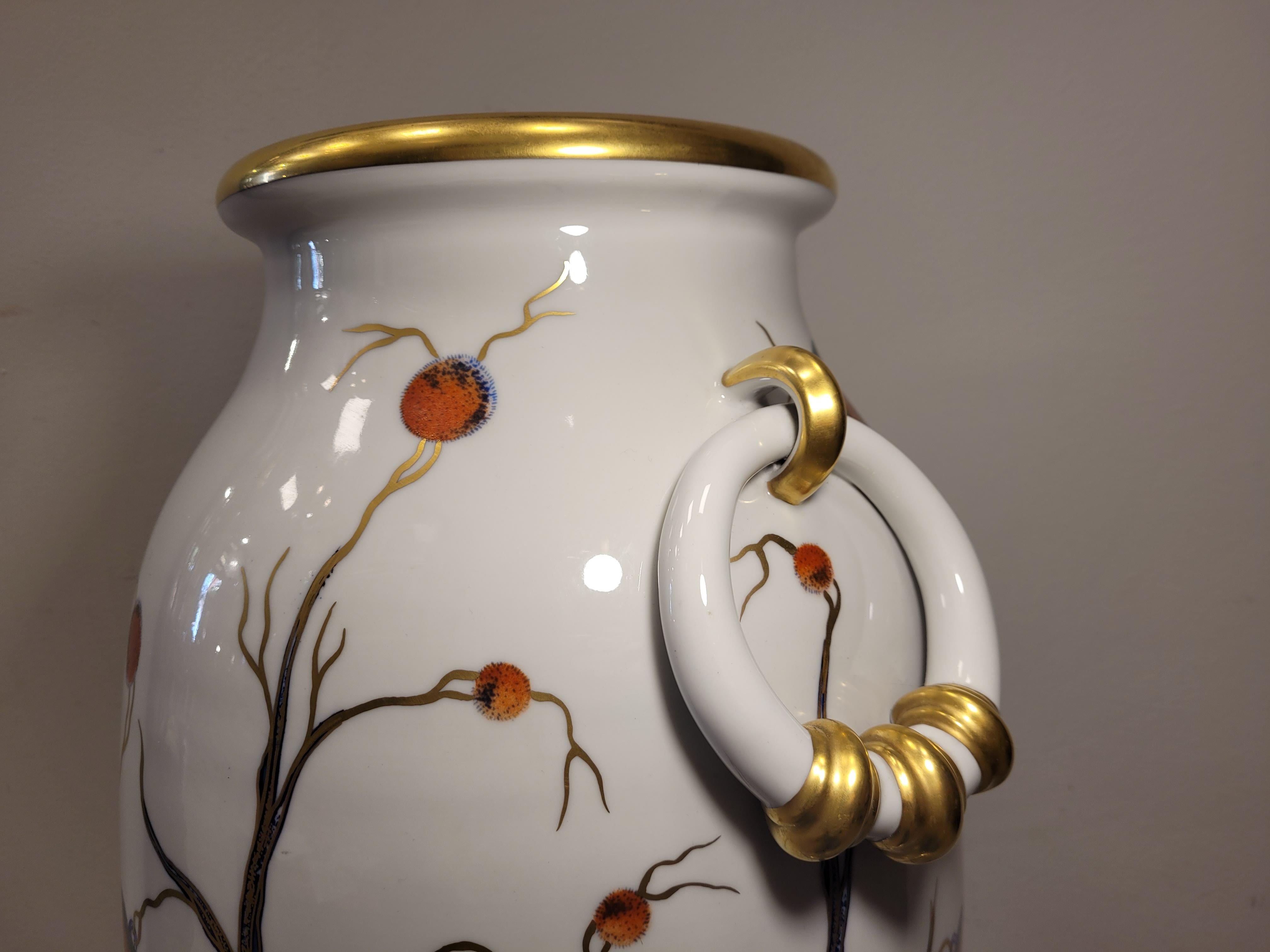 Italy 50s Mangani White, Gold Porcelain Vase, Handpaint 1