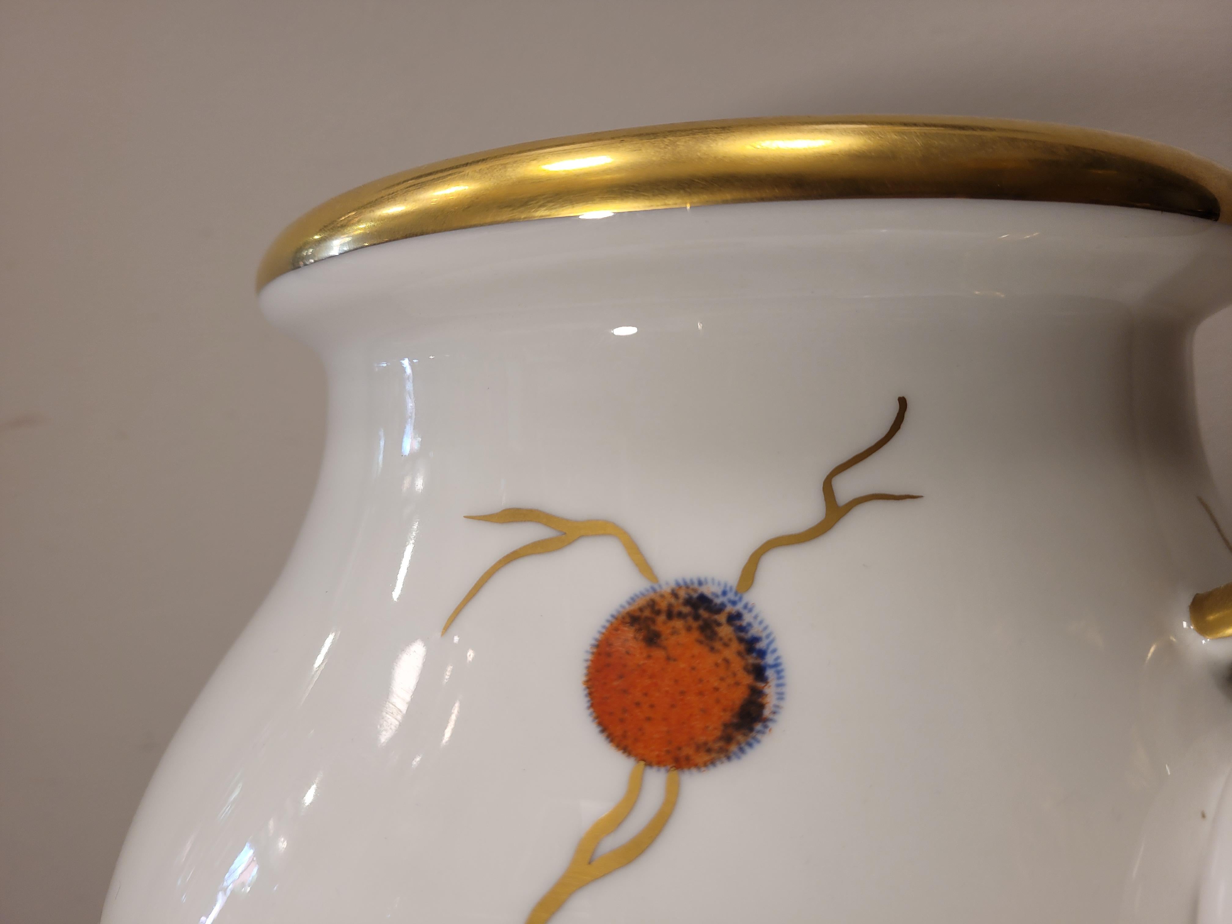 Italy 50s Mangani White, Gold Porcelain Vase, Handpaint 2