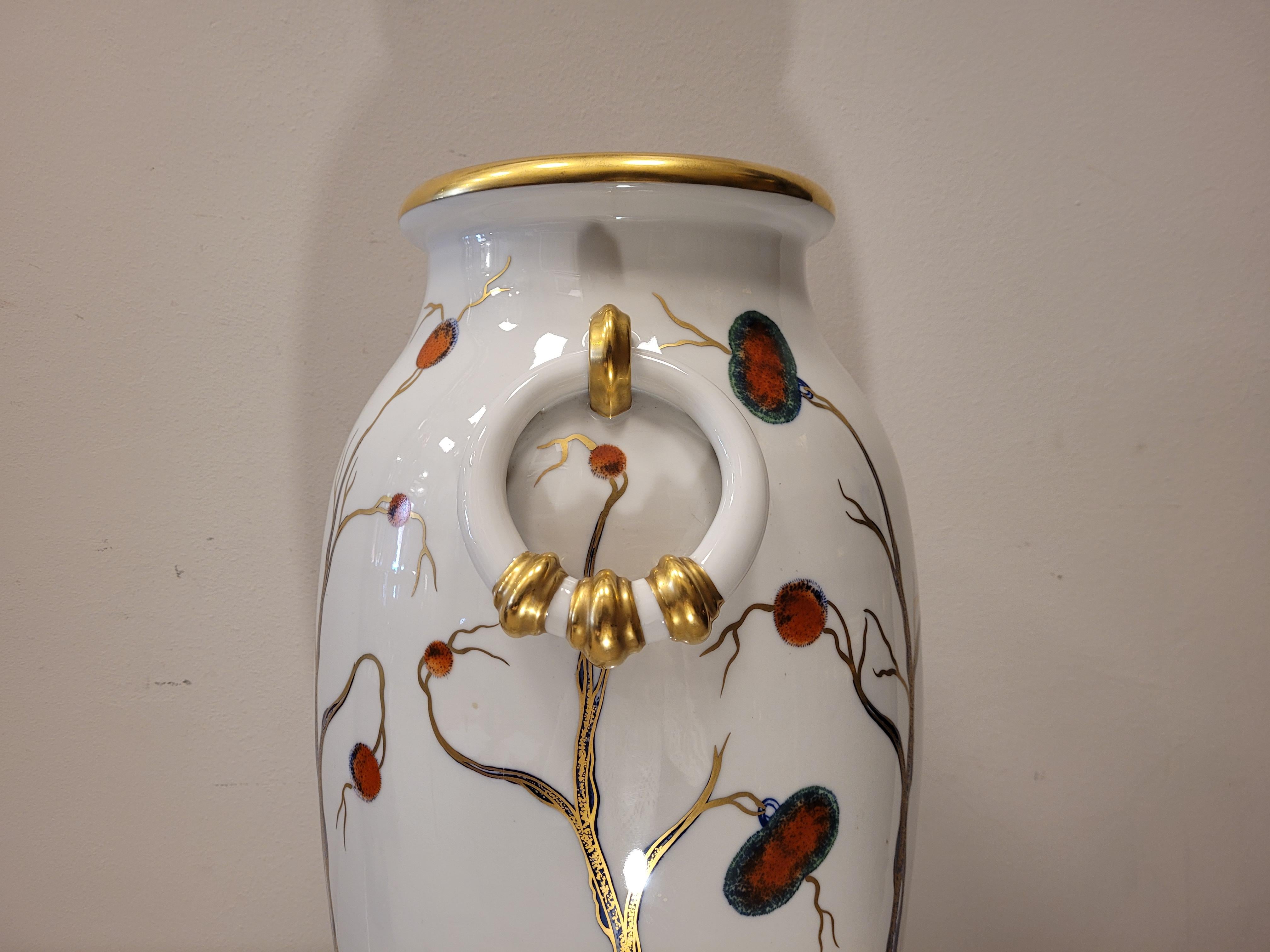 Italy 50s Mangani White, Gold Porcelain Vase, Handpaint 6