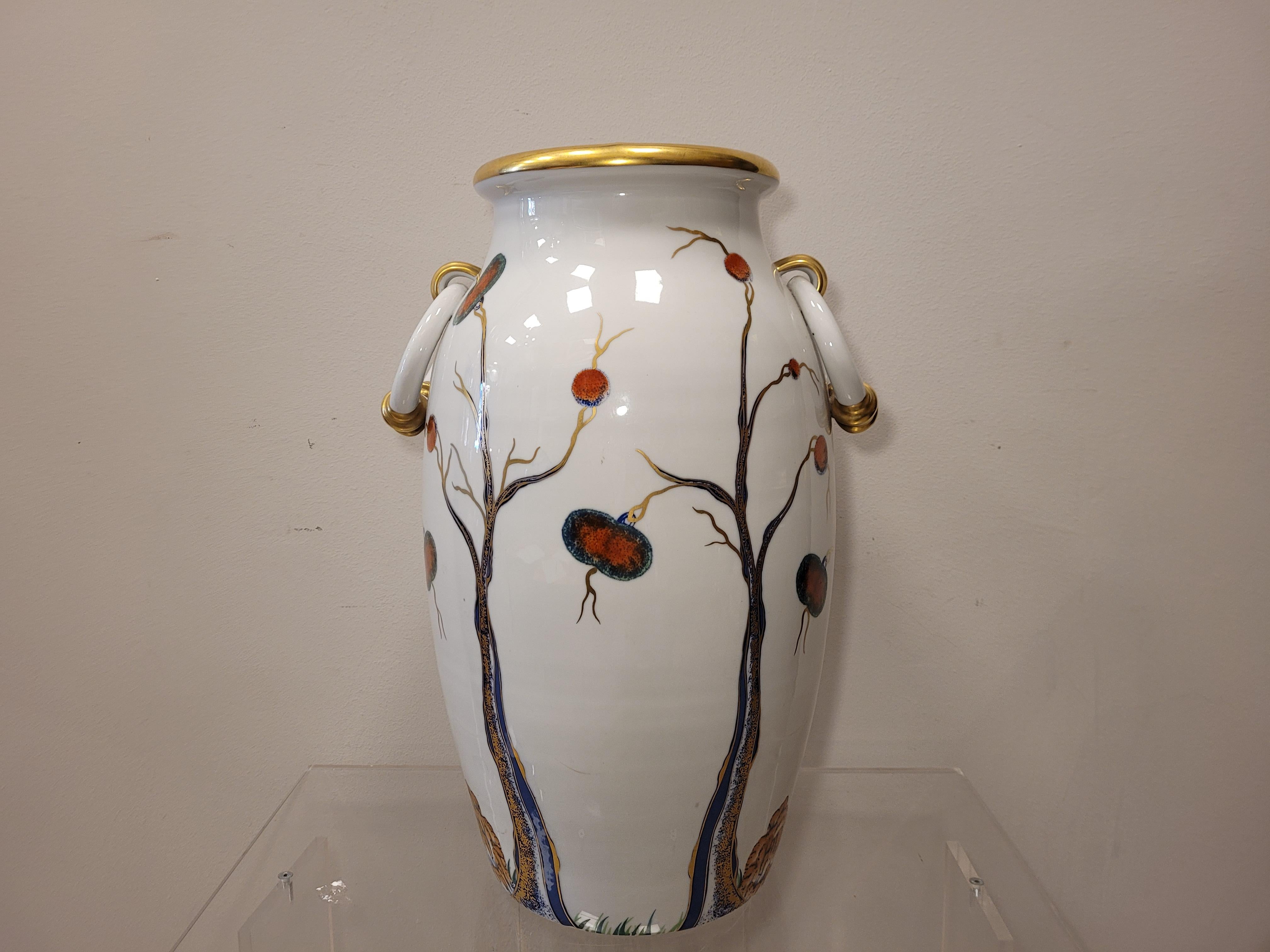 Italy 50s Mangani White, Gold Porcelain Vase, Handpaint 7