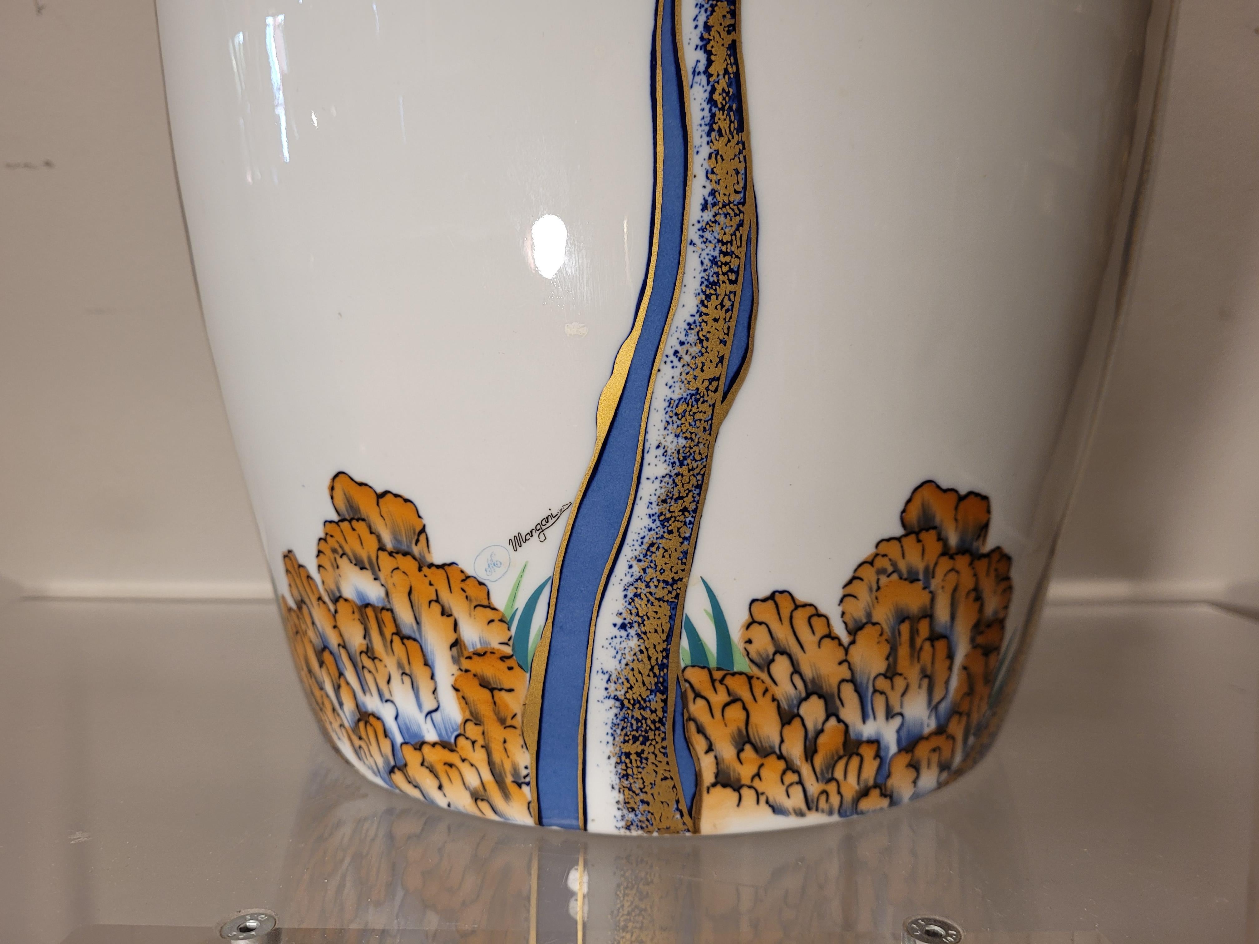 Italy 50s Mangani White, Gold Porcelain Vase, Handpaint 8