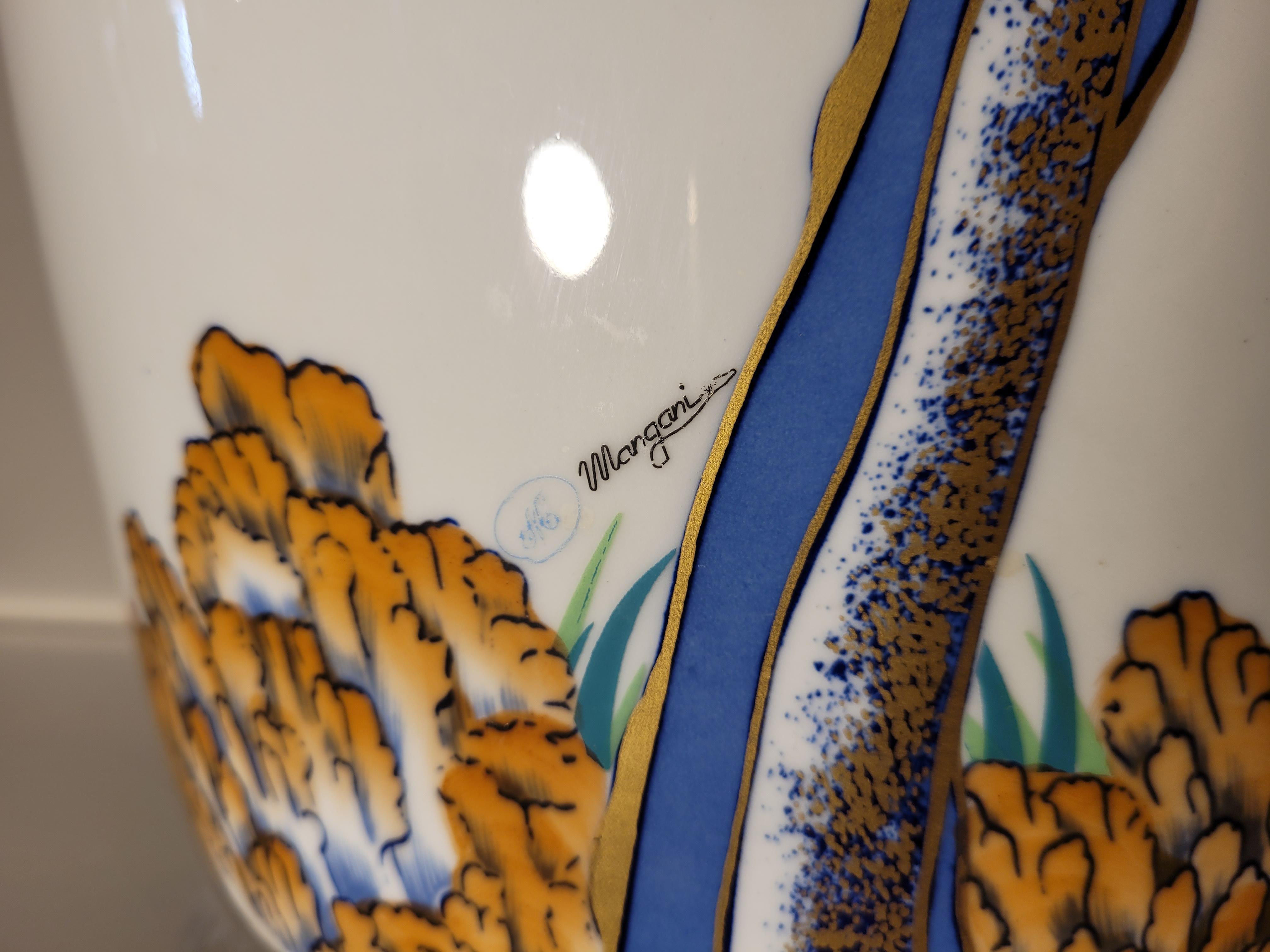 Italy 50s Mangani White, Gold Porcelain Vase, Handpaint 9