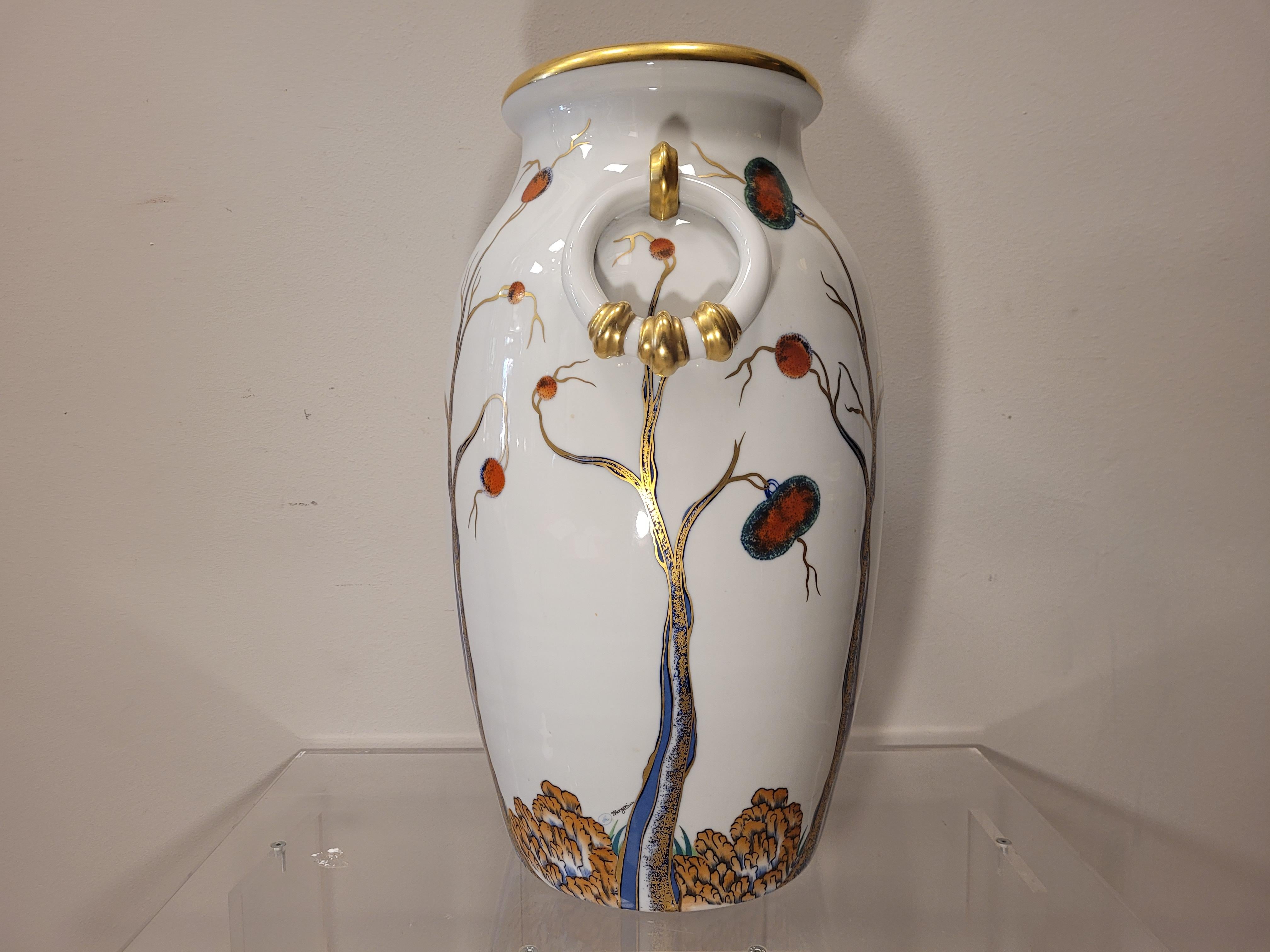 Italy 50s Mangani White, Gold Porcelain Vase, Handpaint 10