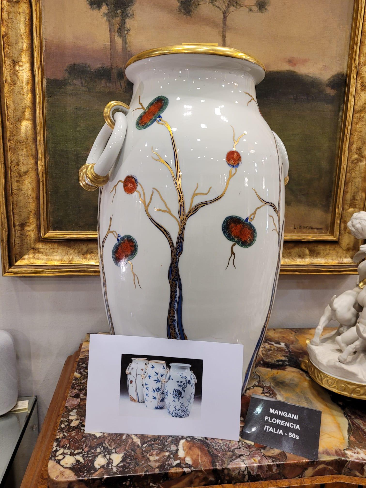 Italy 50s Mangani White, Gold Porcelain Vase, Handpaint 12