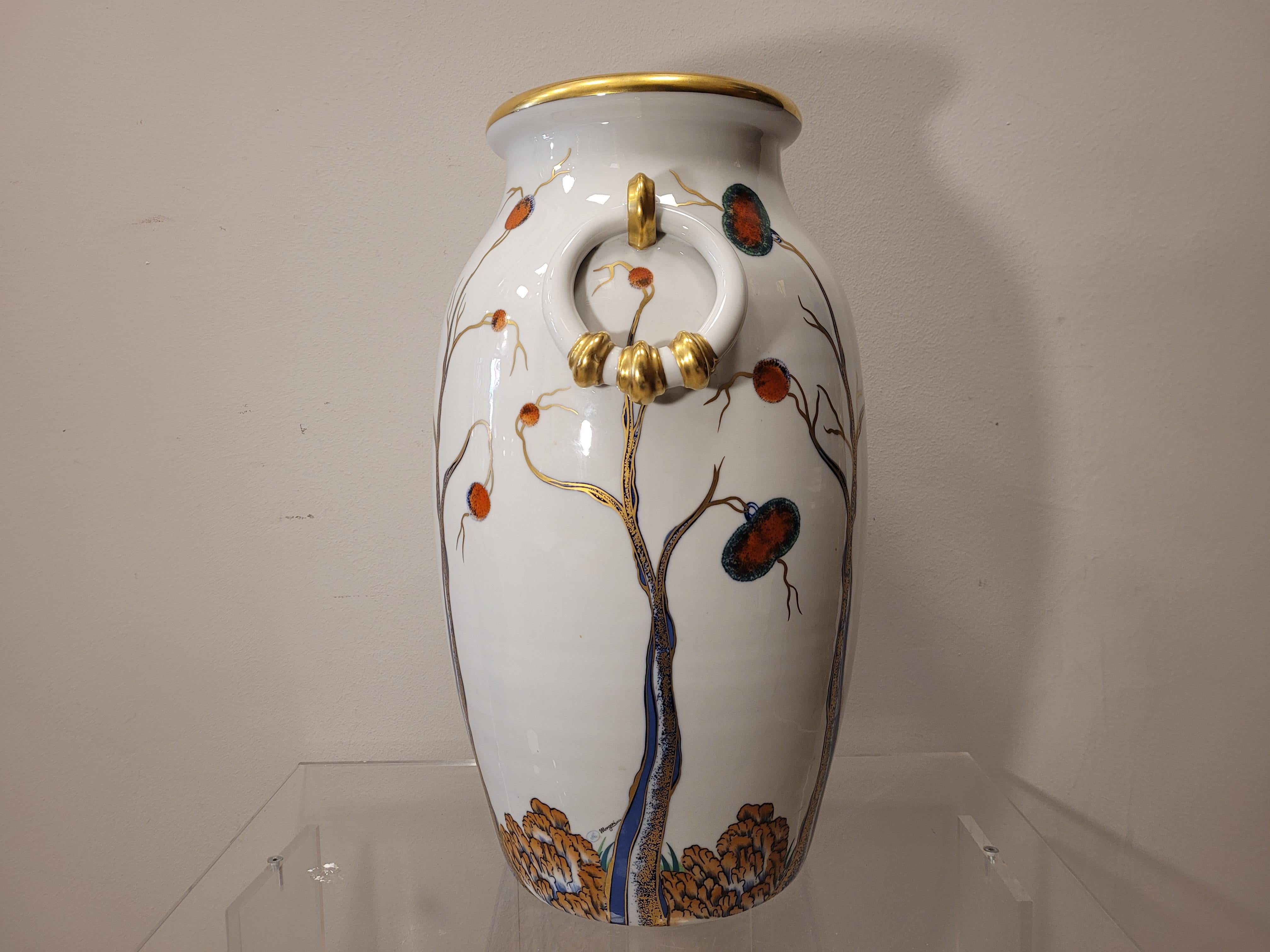 Italian Italy 50s Mangani White, Gold Porcelain Vase, Handpaint