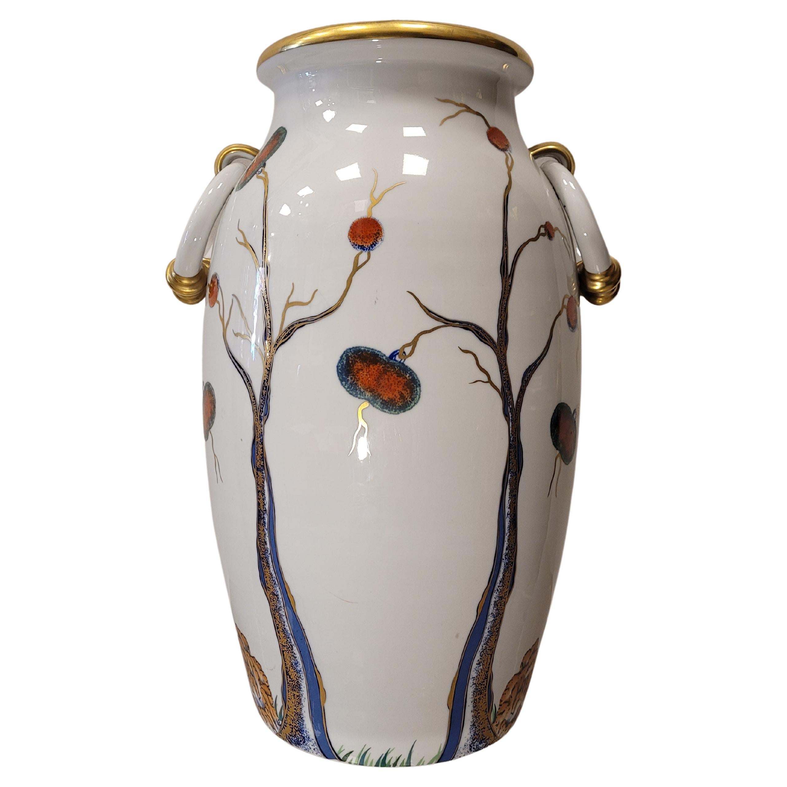 Italy 50s Mangani White, Gold Porcelain Vase, Handpaint