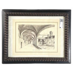 Italy Antique Dark Wooden Guillochè Frame with Print, Early 1900s