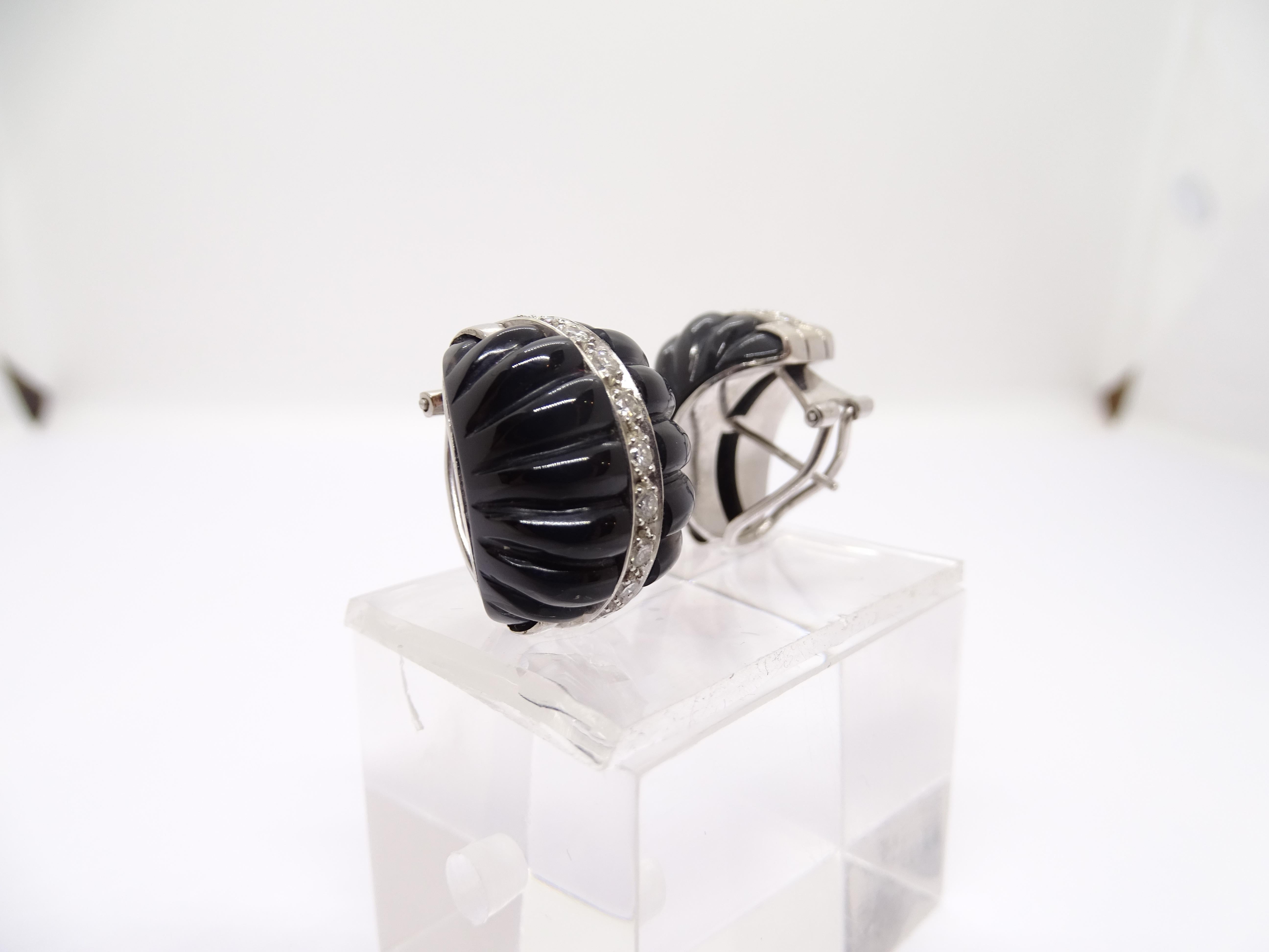 Italy Art Deco Black Earrings in galonated onyx and 18kt white gold diamonds For Sale 9