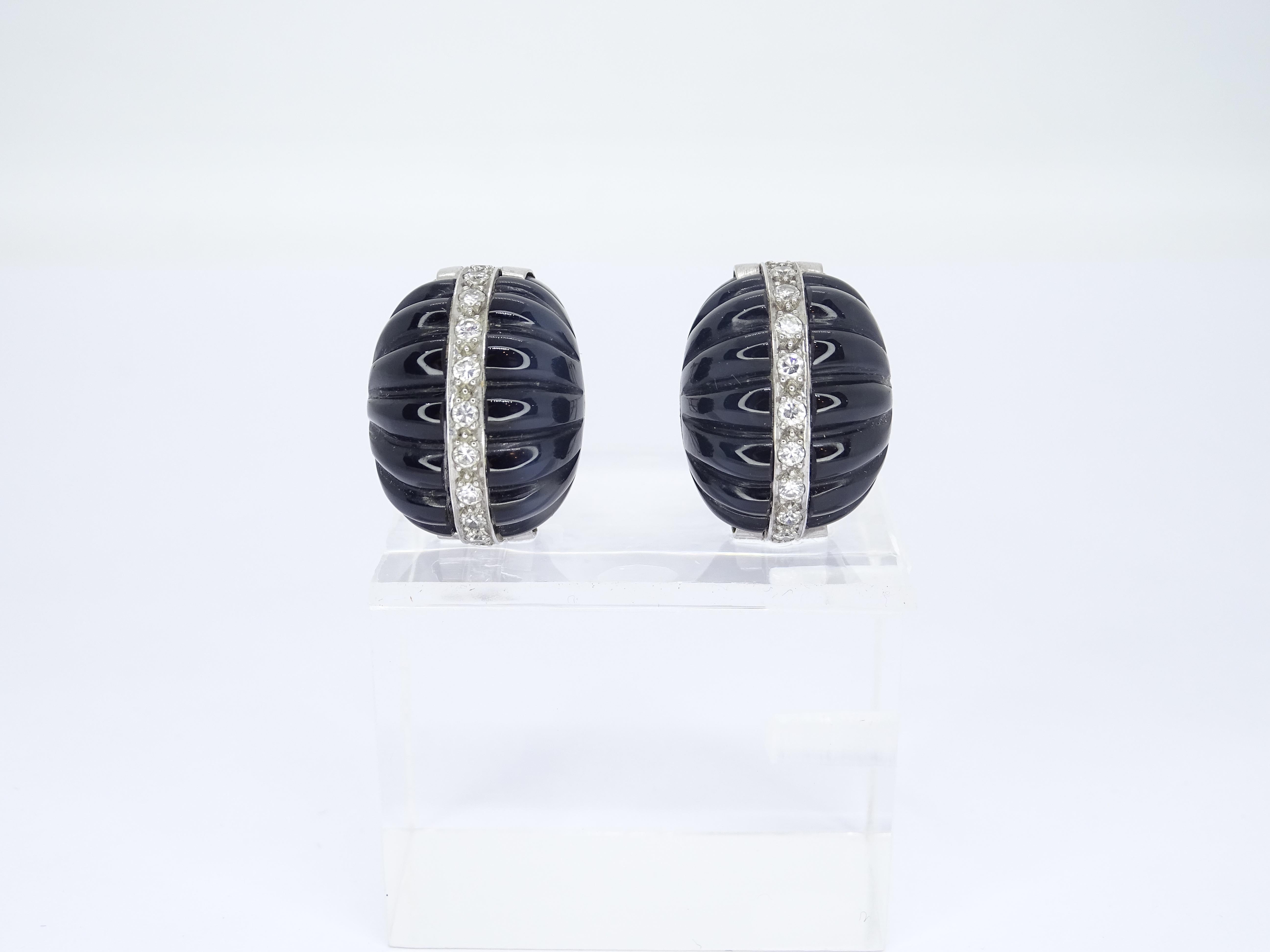 Italy Art Deco Black Earrings in galonated onyx and 18kt white gold diamonds For Sale 14