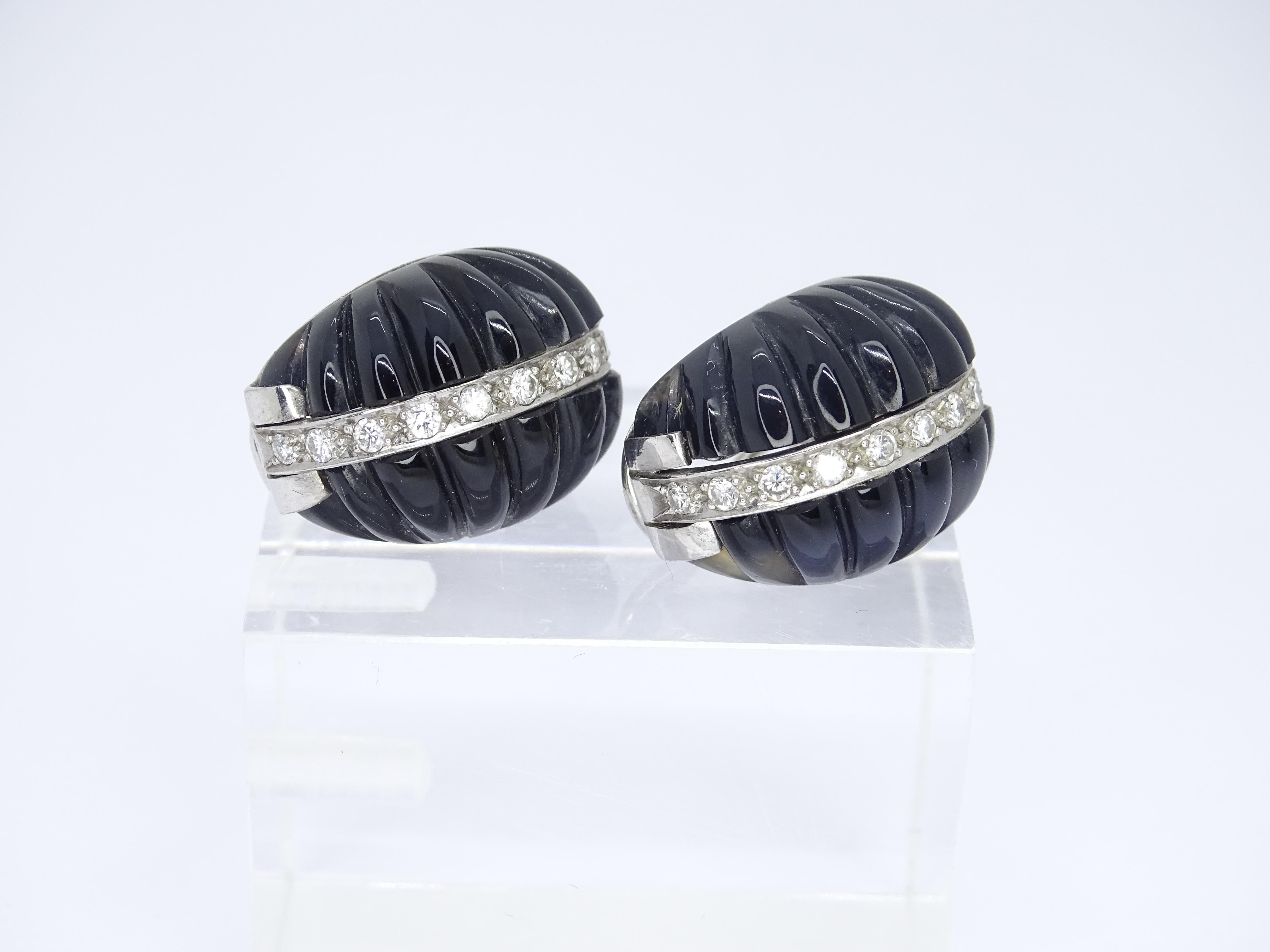 Brilliant Cut Italy Art Deco Black Earrings in galonated onyx and 18kt white gold diamonds For Sale