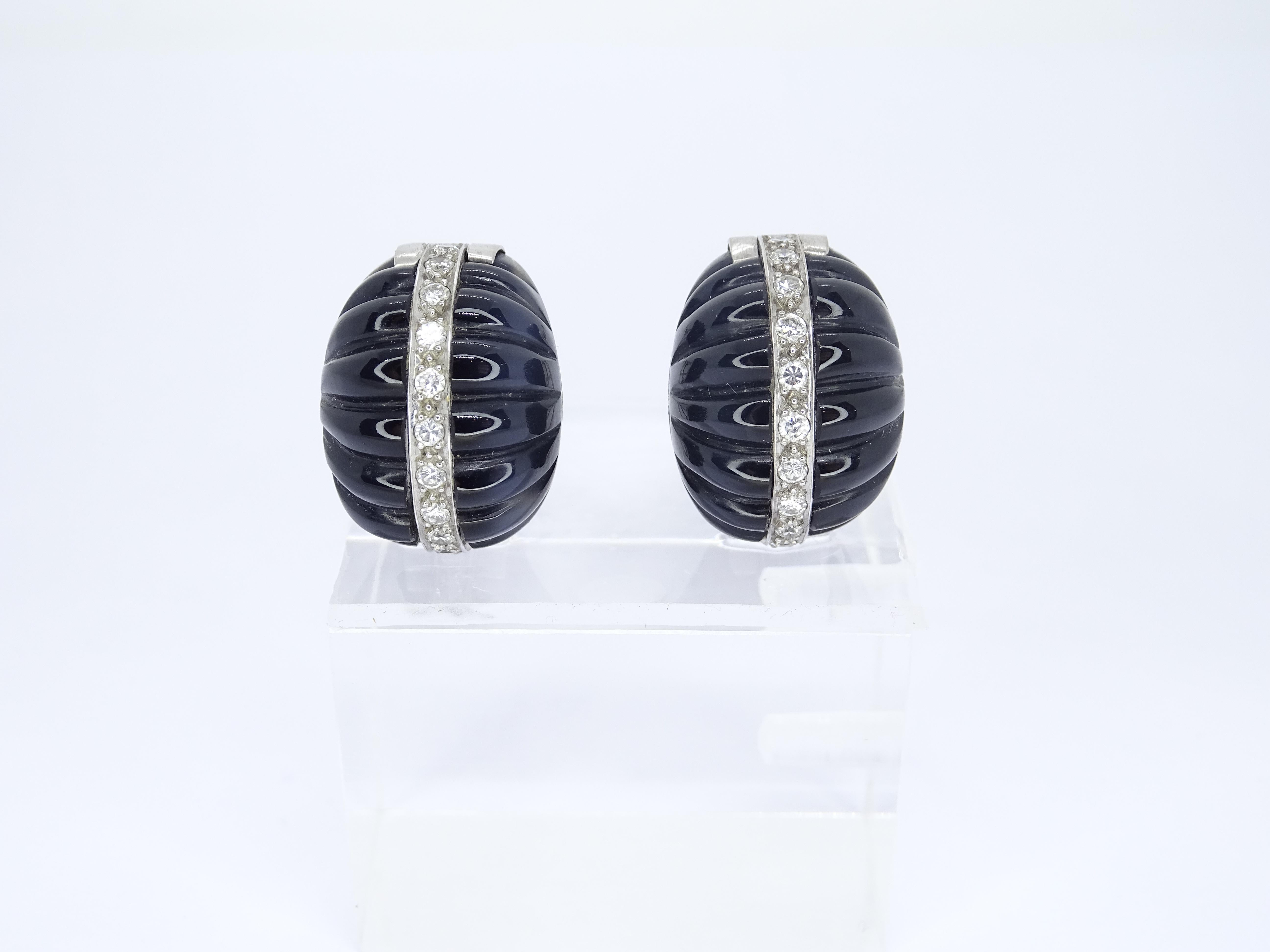 Italy Art Deco Black Earrings in galonated onyx and 18kt white gold diamonds In Excellent Condition For Sale In VALLADOLID, ES