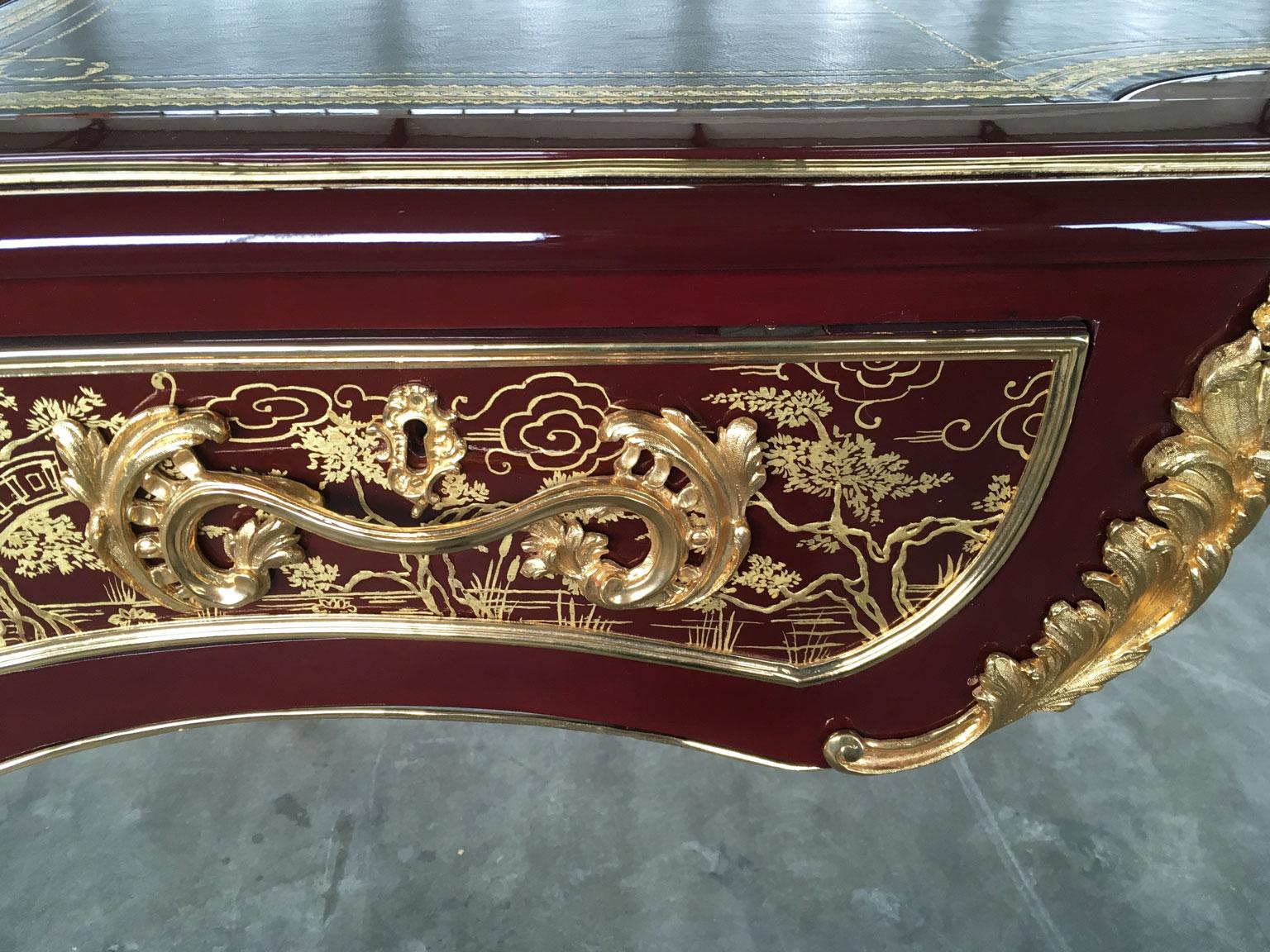 Hand-Carved Italy Red Berry Lacquered Wooden Writing Table or Desk with Bronzes For Sale