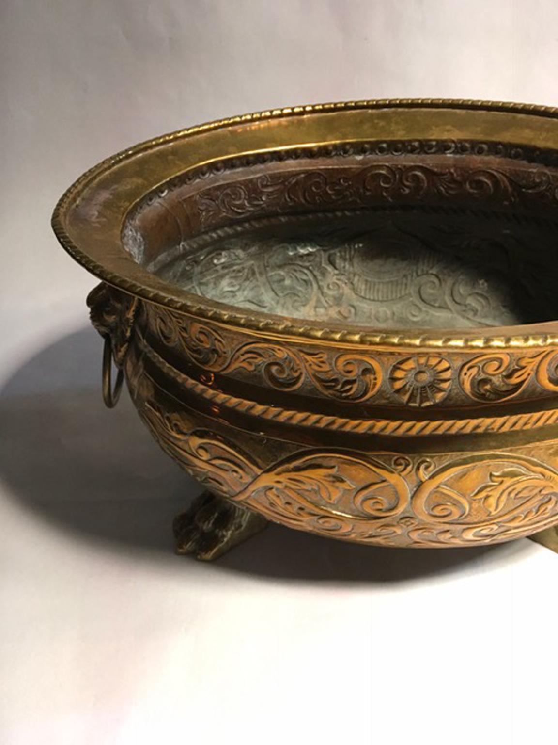  Early 20th Century Italy Brass Planter Bowl with Lions Heads For Sale 7
