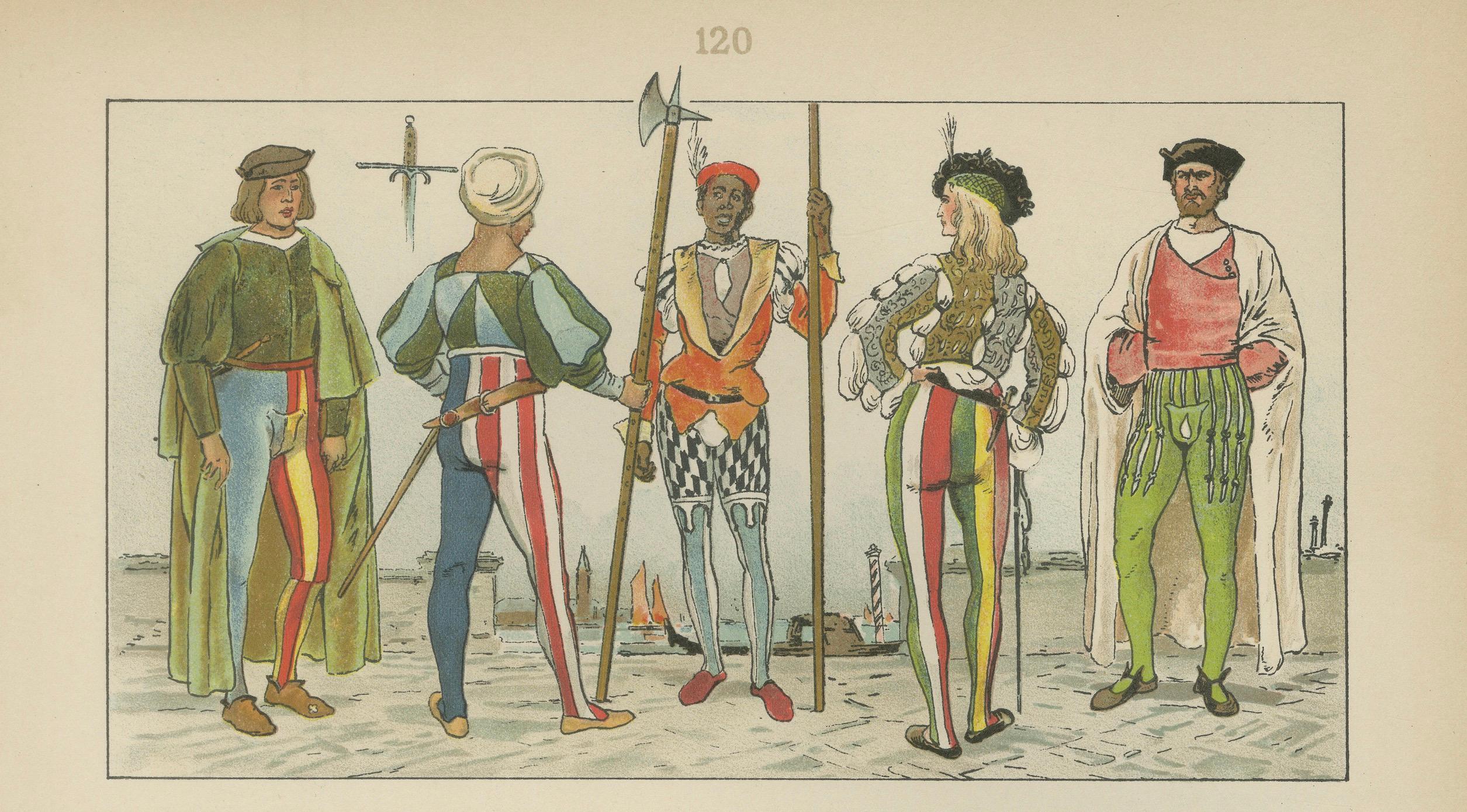 Italy circa 1500, Antique Hand-Colored Renaissance Costume Print, Published 1880