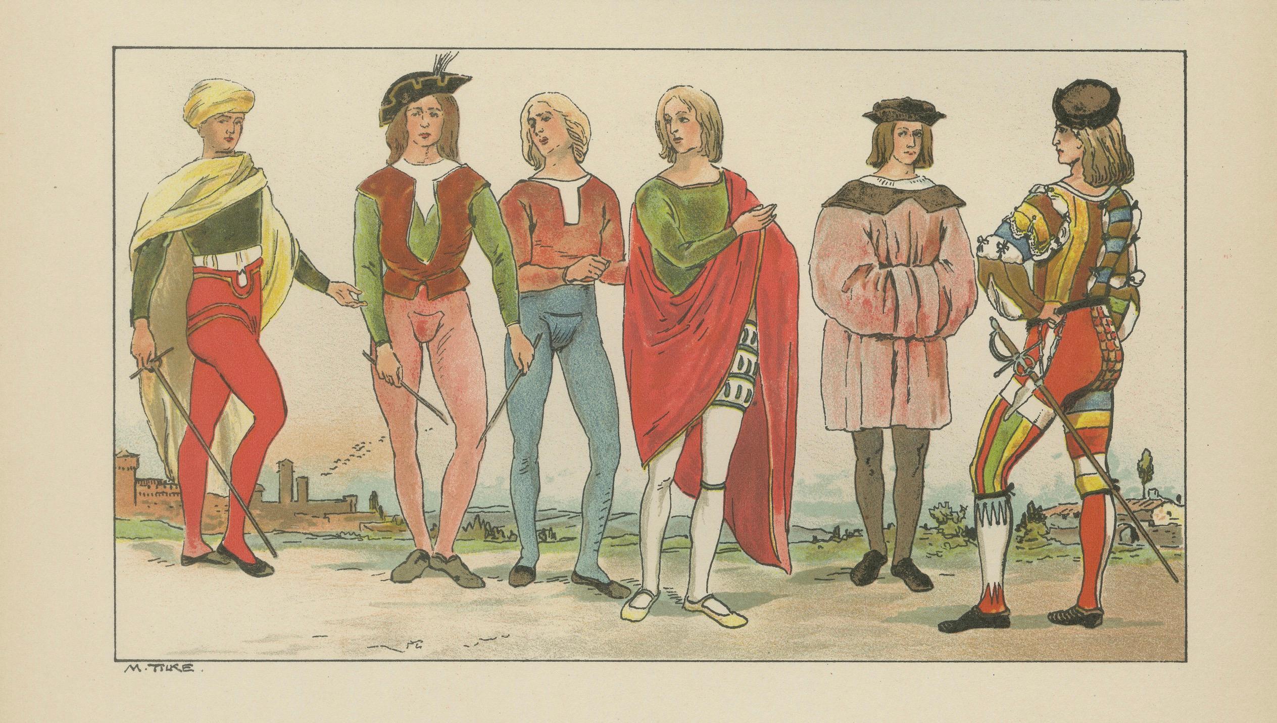 Italy circa 1500, Antique Hand-Colored Renaissance Costume Print, Published 1880