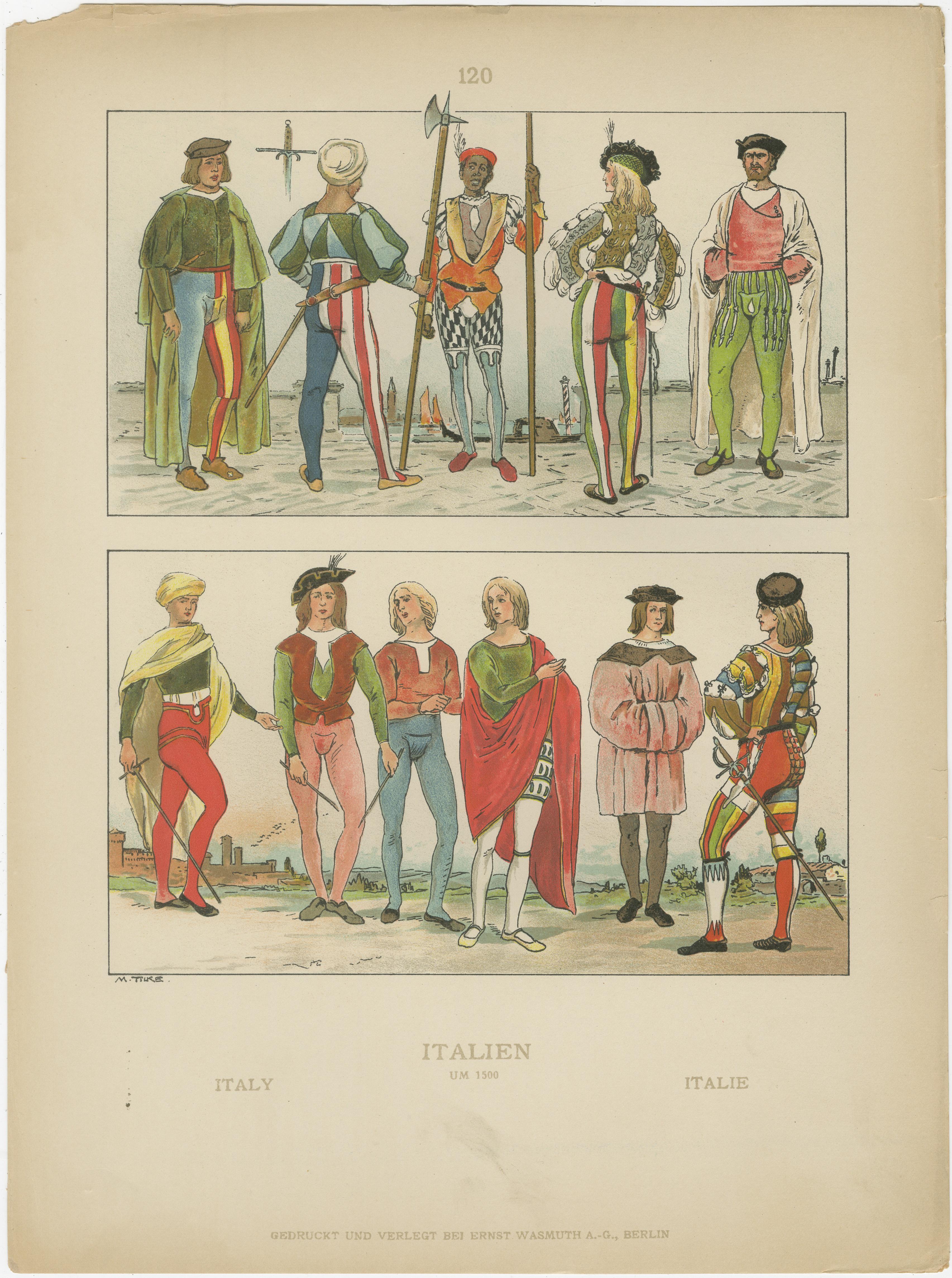 Italy circa 1500, Antique Hand-Colored Renaissance Costume Print, Published 1880