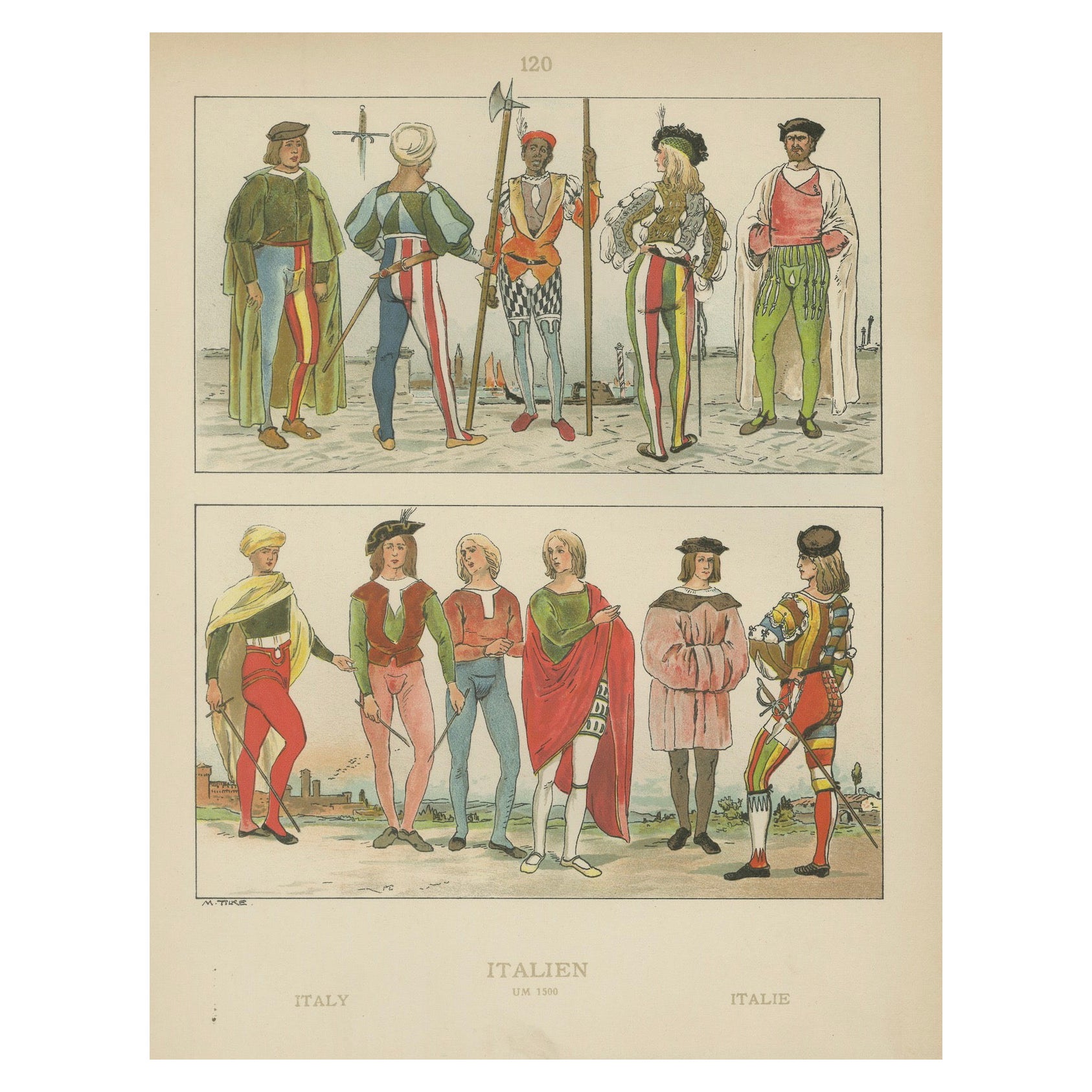 Italie circa 1500, Gravure ancienne de la Renaissance colorée à la main, publiée en 1880
