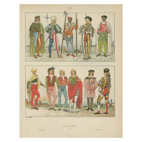 Italy circa 1500, Antique Hand-Colored Renaissance Costume Print, Published 1880