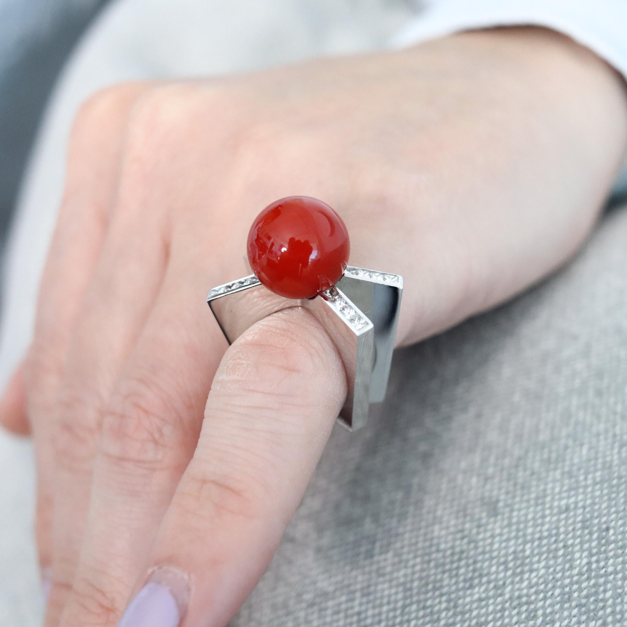 Italy Cocktail Ring In Solid 18Kt Gold With 10.62 Ctw Diamonds & Ox Blood Coral For Sale 1
