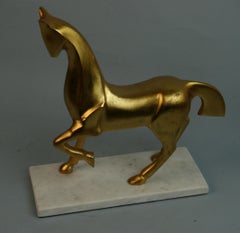 Italy Deco Style Horse Sculpture Gilt Metal Marble Base, 1960's