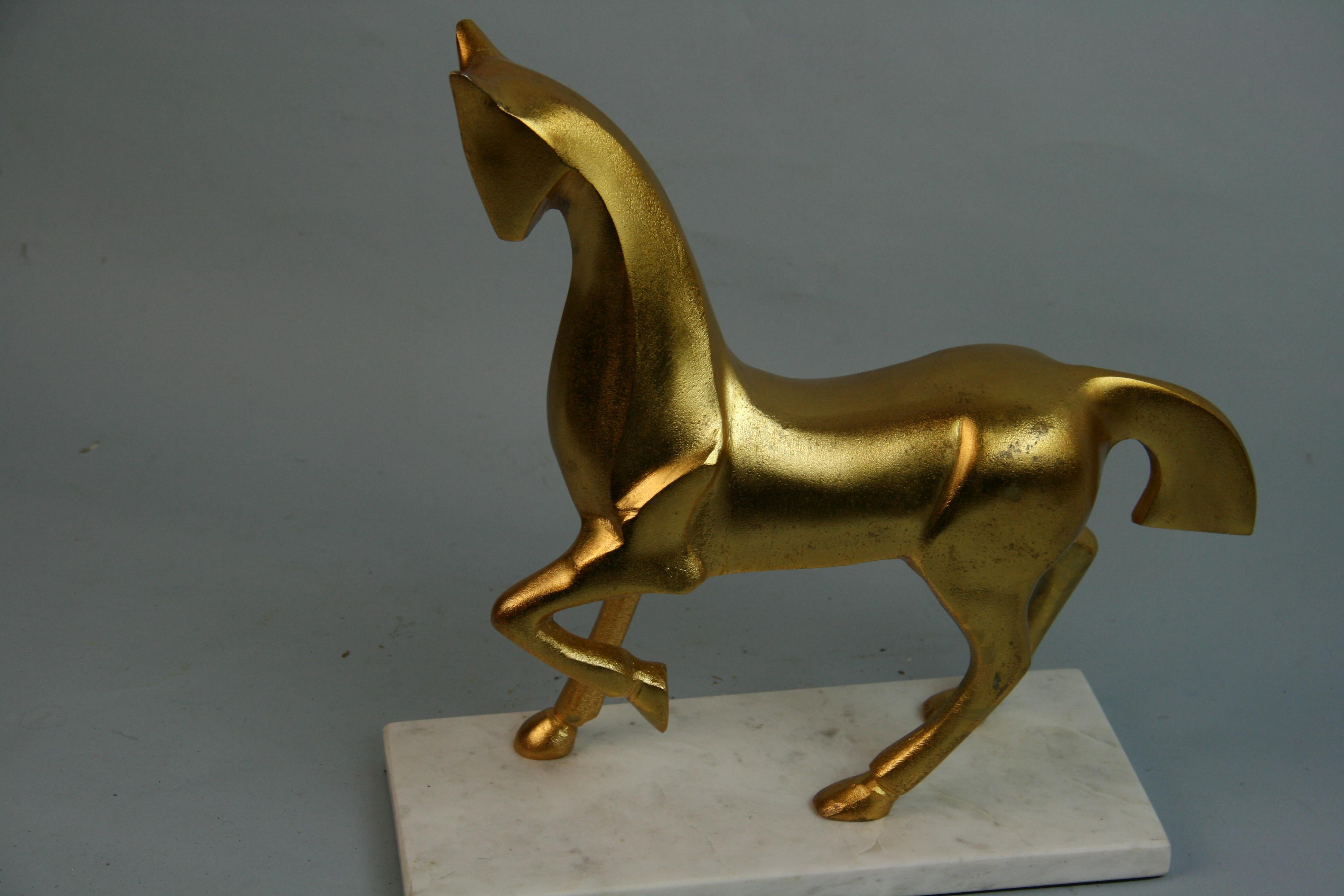 Italy Deco Style Horse Sculpture Gilt Metal Marble Base, 1960's In Good Condition For Sale In Douglas Manor, NY