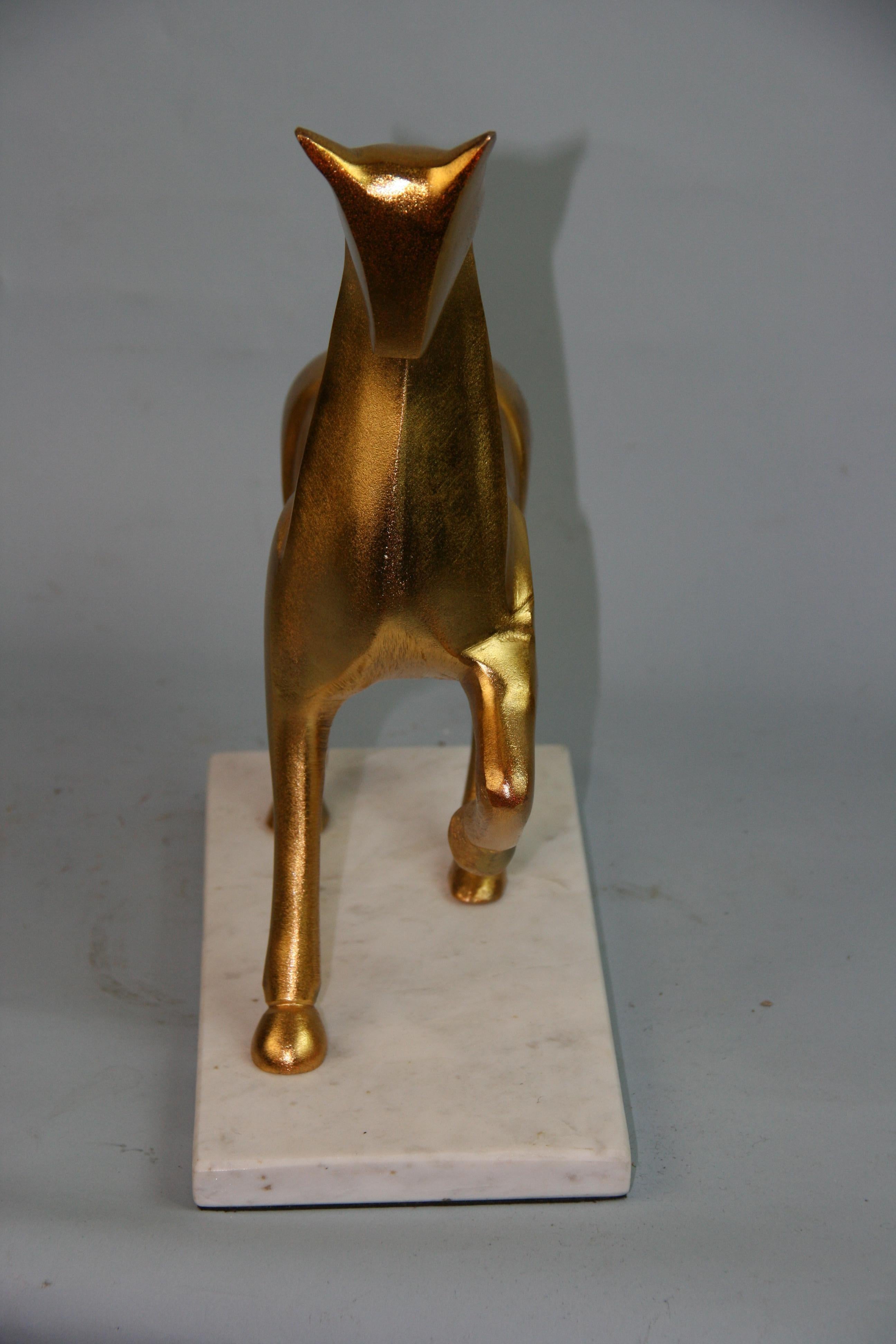 Mid-20th Century Italy Deco Style Horse Sculpture Gilt Metal Marble Base, 1960's For Sale