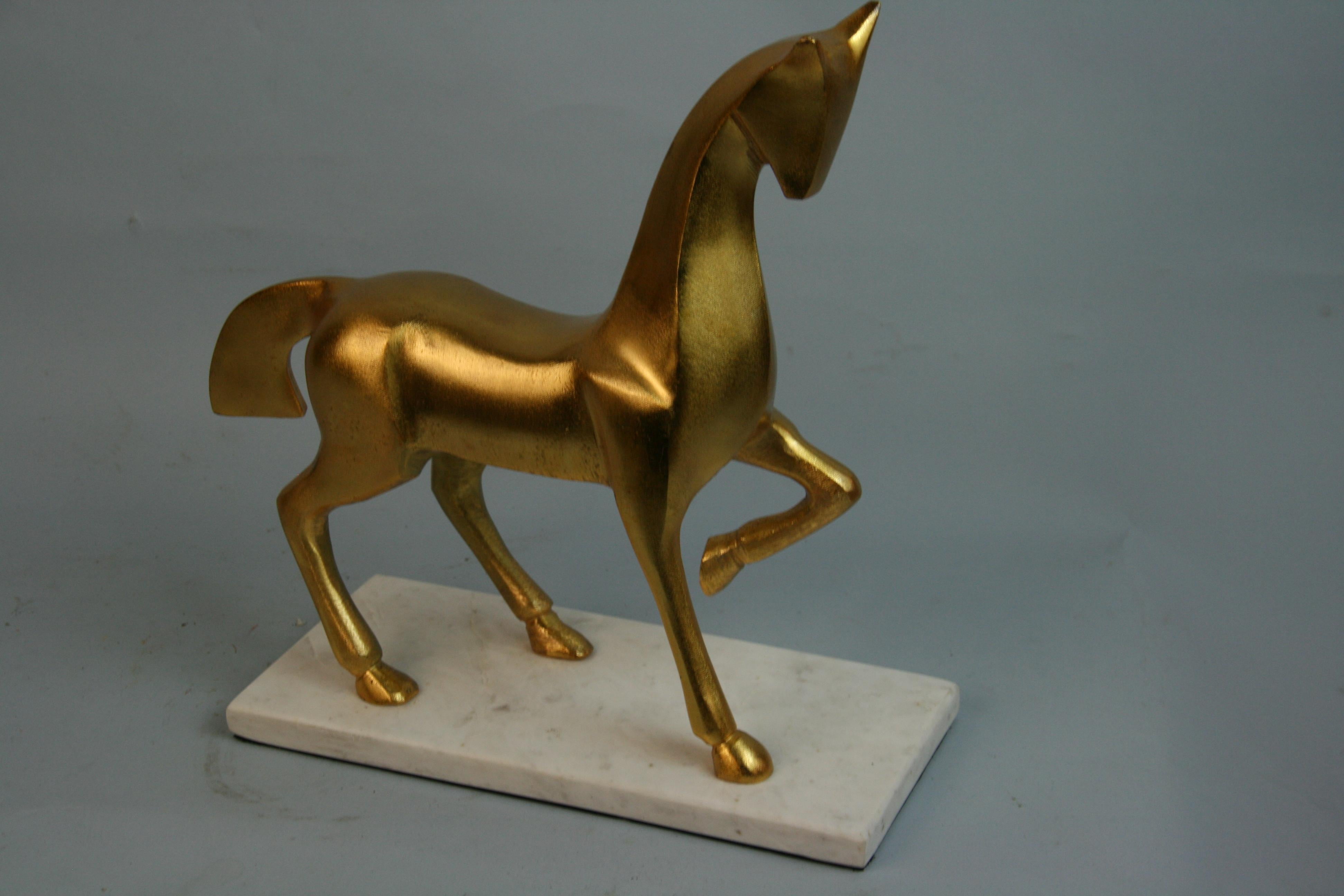 Iron Italy Deco Style Horse Sculpture Gilt Metal Marble Base, 1960's For Sale