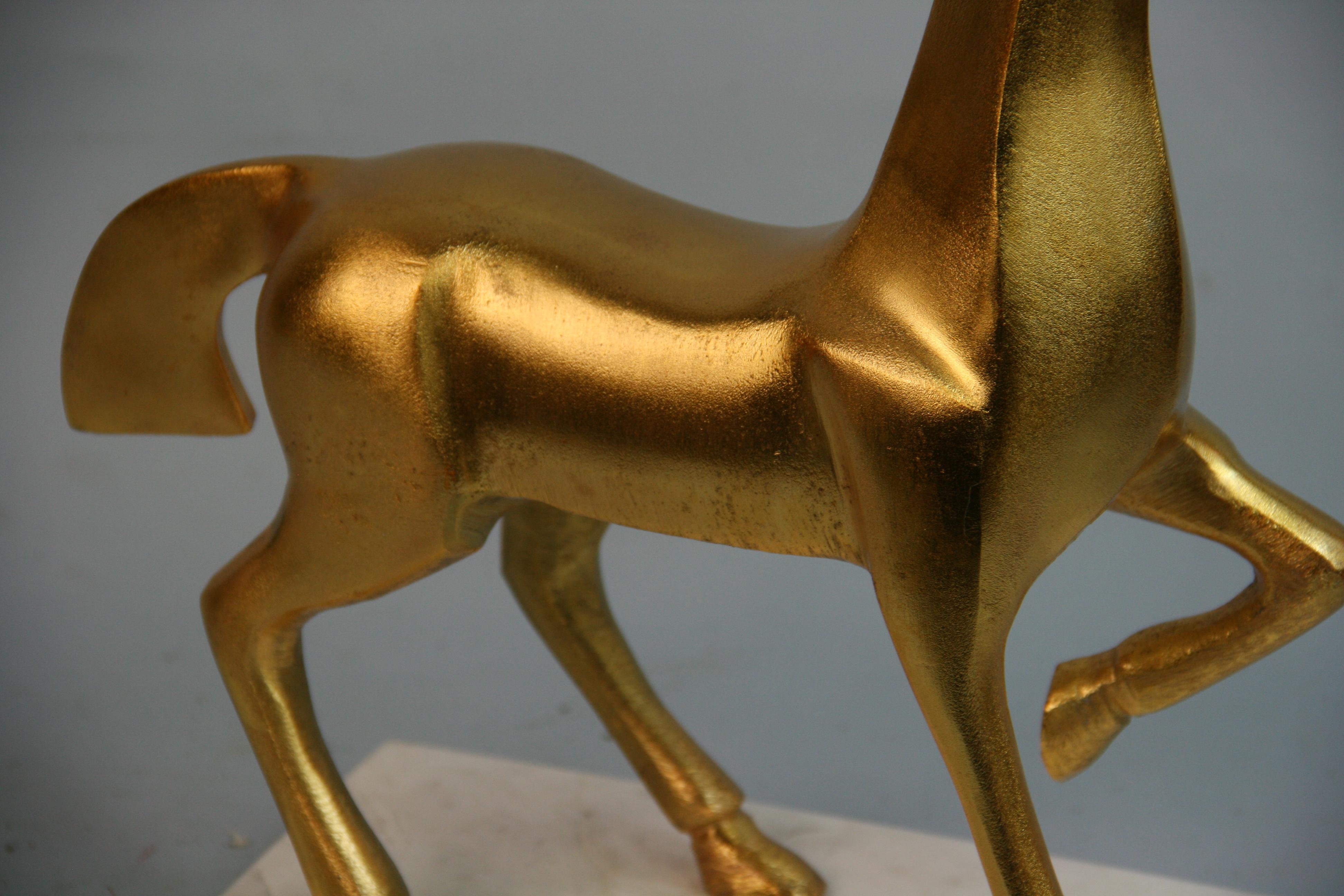 Italy Deco Style Horse Sculpture Gilt Metal Marble Base, 1960's For Sale 1