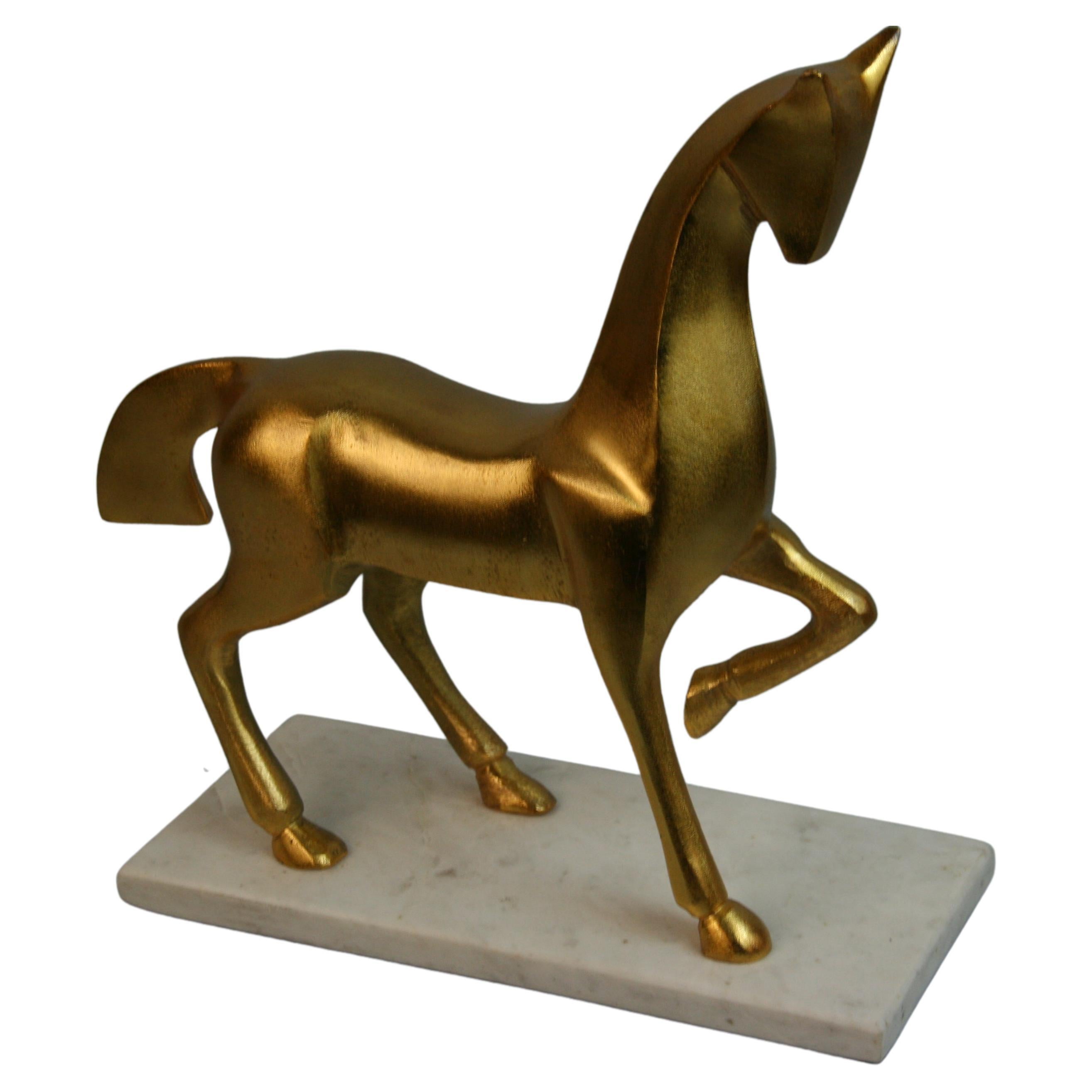 Italy Deco Style Horse Sculpture Gilt Metal Marble Base, 1960's For Sale