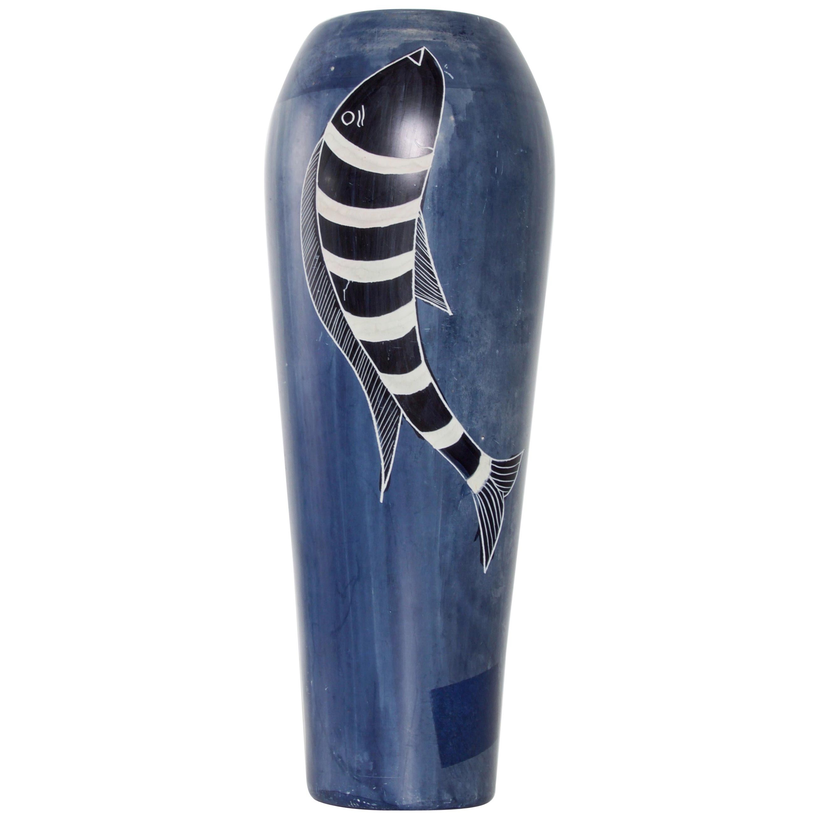 Italy Domina Blue Jailbird Fish Vase Arts & Crafts Era Richard Ginori Style