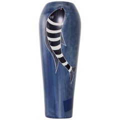 Italy Domina Blue Jailbird Fish Vase Arts & Crafts Era Richard Ginori Style