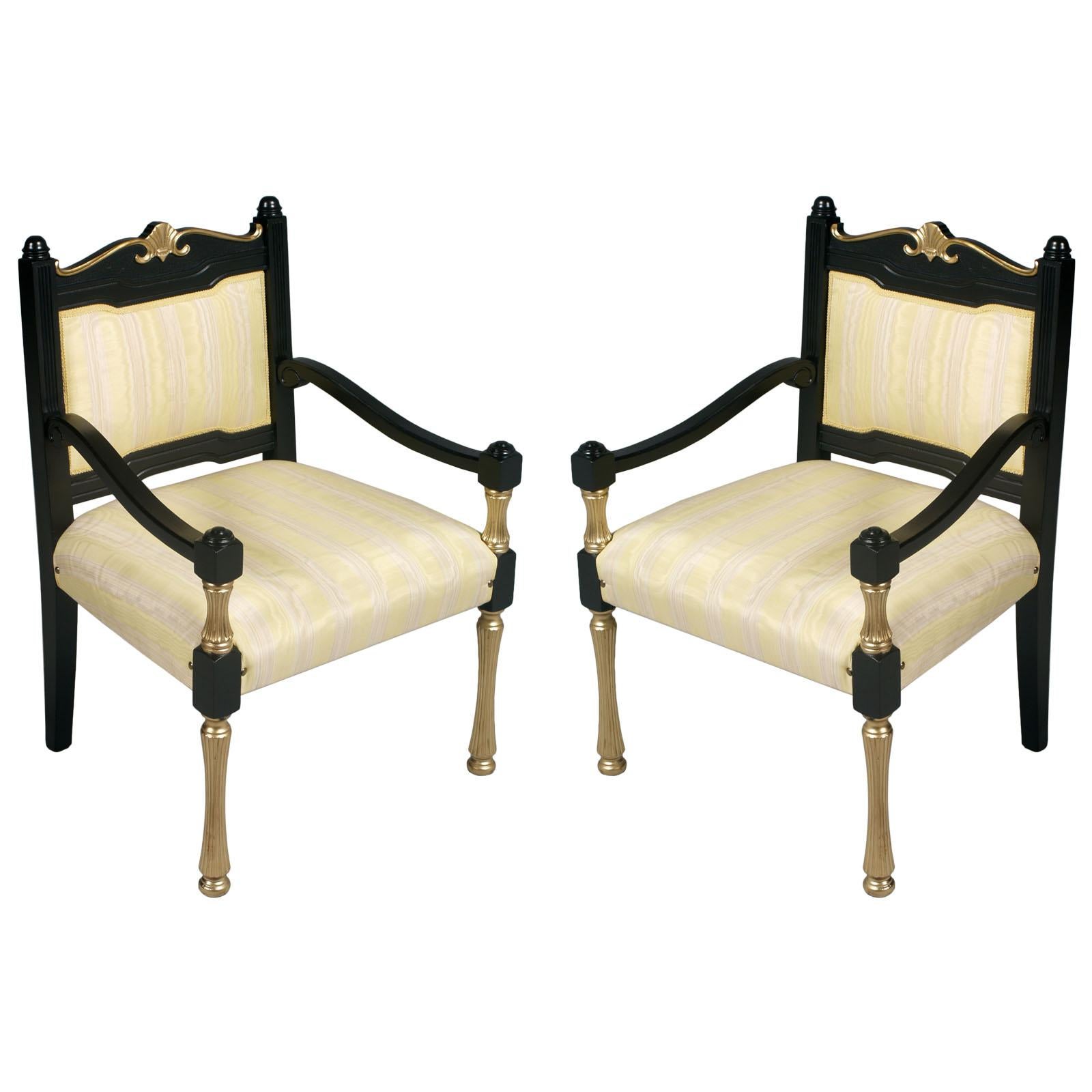 Italy Early 20th C  Chairs Armchairs Lacquered and Gilt Wood, Velvet