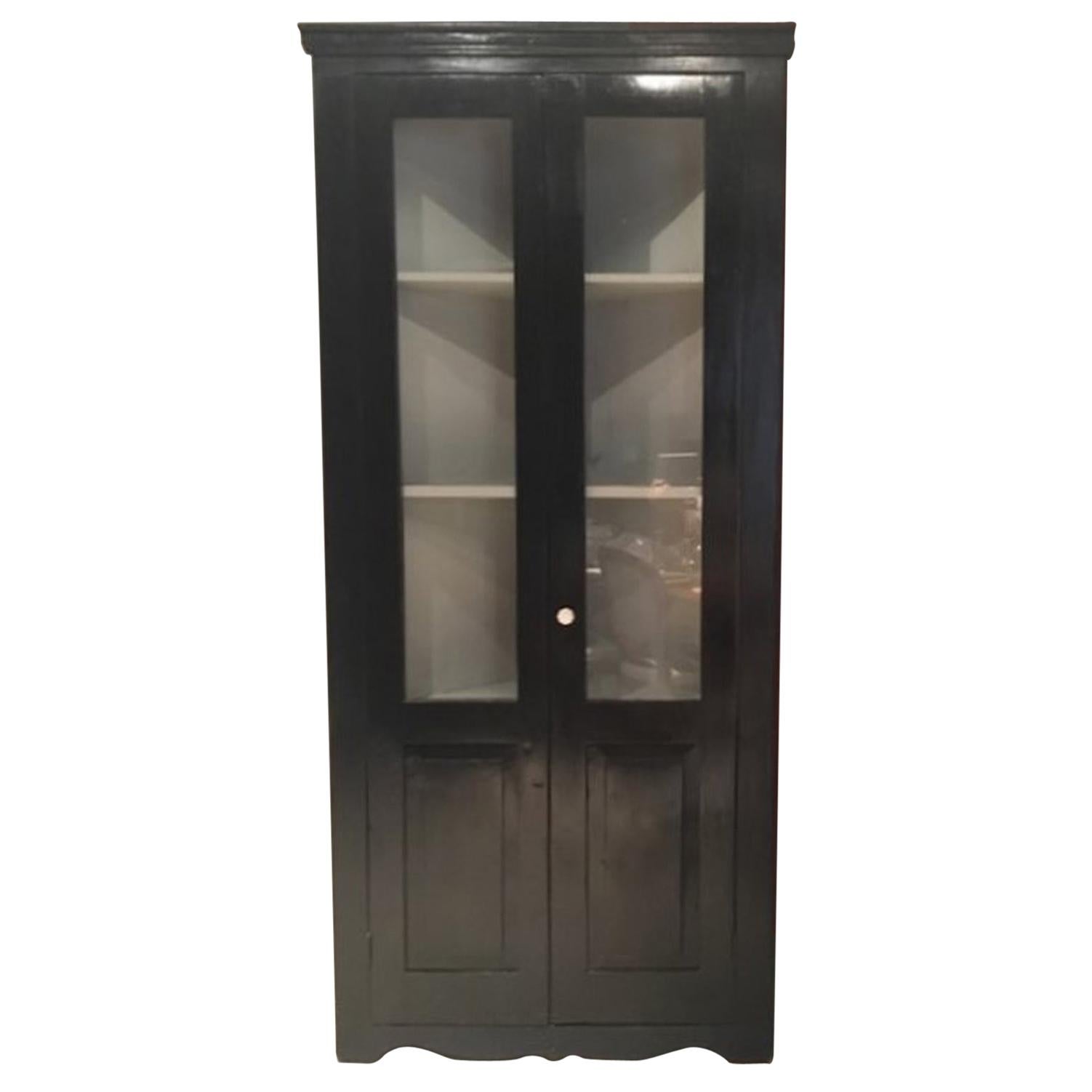 Italian Early 20th Century Kitchen Pine Wood Black Lacquered Corner Cupboard